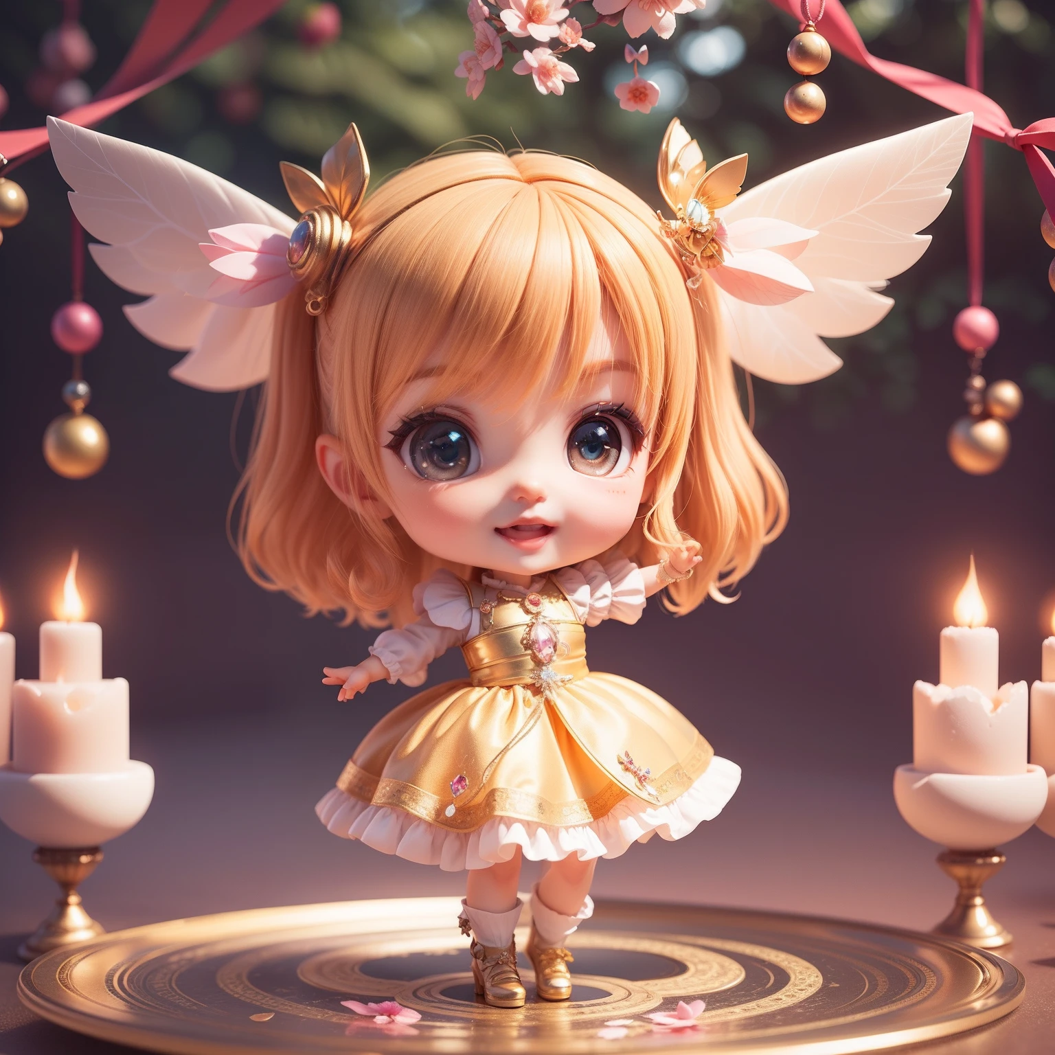 Cute Chibi Anime、(((chibi3d))) (best quality), (masterpiece)、Chibi Fairy、Stained glass feathers、5man、Hand in a circle、Floating in the air、smaller face、Costumes embellished with jewels、Open your mouth and smile、A detailed face、fullllbody、Fairytale Forest