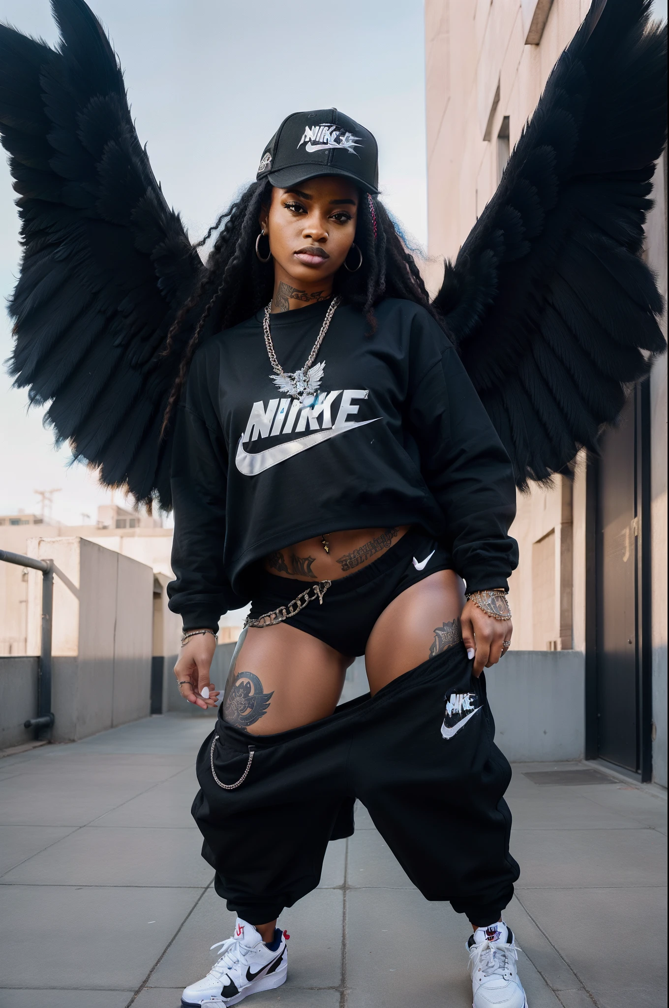 war torn ghetto female angel with huge wings wearing baggy saggy urban clothing nike sneakers and dreadloc is ther gang leader gardian waving gang signs reppin gang gang