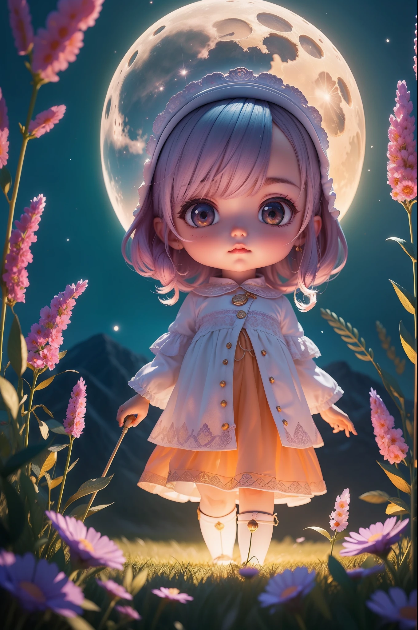 Expansive landscape photograph,(look from down,Above is the sky,Below are open fields),A stood on a flower field and looked up,(moon full:1.2),(meteors:0.9),(Starcloud:1.3),Far Mountain, Tree BREAK making art,(Warm light source:1.2),(glowworm:1.2),lamp lights,Lots of purple and orange,Complicated details,Volumetric lighting BREAK(tmasterpiece:1.2),(best qualtiy),4K,ultra - detailed,(dynamic compositions:1.4),detail-rich,plethora of colors,(Irridescent color:1.2),(with light glowing,Atmospheric lighting),dream magical,magical,(独奏:1.