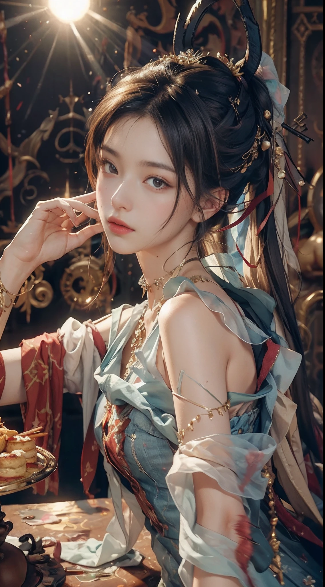 (RAW photos,best qualtiy),(realisticlying,photograph realistic:1.3),best qualtiy,highly detailed,tmasterpiece,hyper-detailing,illustratio,1girll,upper_body,Masterpiece Theatre of the World,messy_long_hair,best qualtiy,extremely detailed CG unity 8k wal,ink,astounding,cinmatic lighting,lens_flare,lovely and delicate