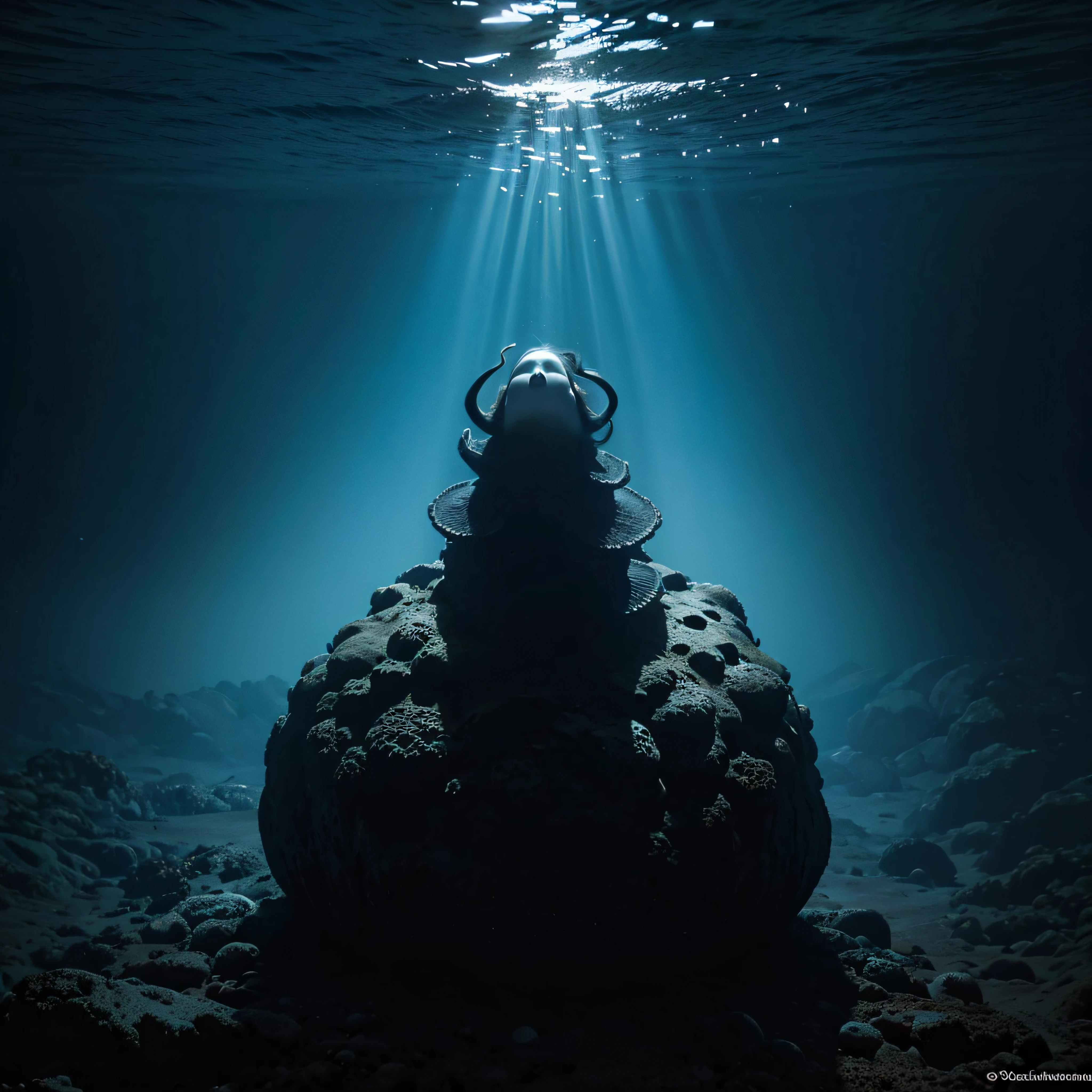 (extremadamente detallado, obra maestra, La mejor calidad, Under the Ocean), Estilo oscuro, volumetric illumination. textura de babosa, piel de caracol. manchas de tinta. Rococo composition.