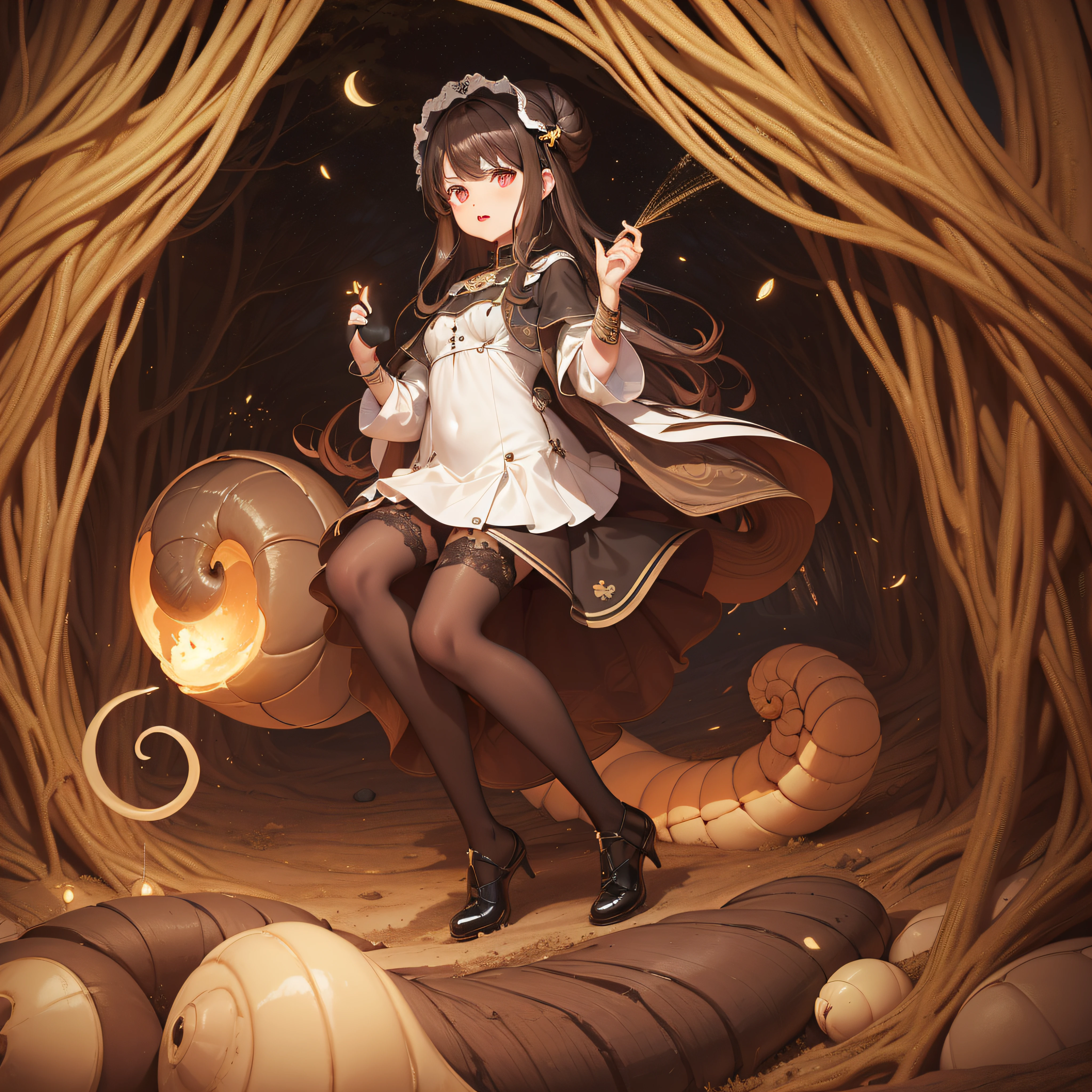 (extremadamente detallado, obra maestra, La mejor calidad, foto antigua, principios de siglo) latex, snail, una linterna directa lo ilumina, bosque de noche. plano cercano. sangre por el suelo.