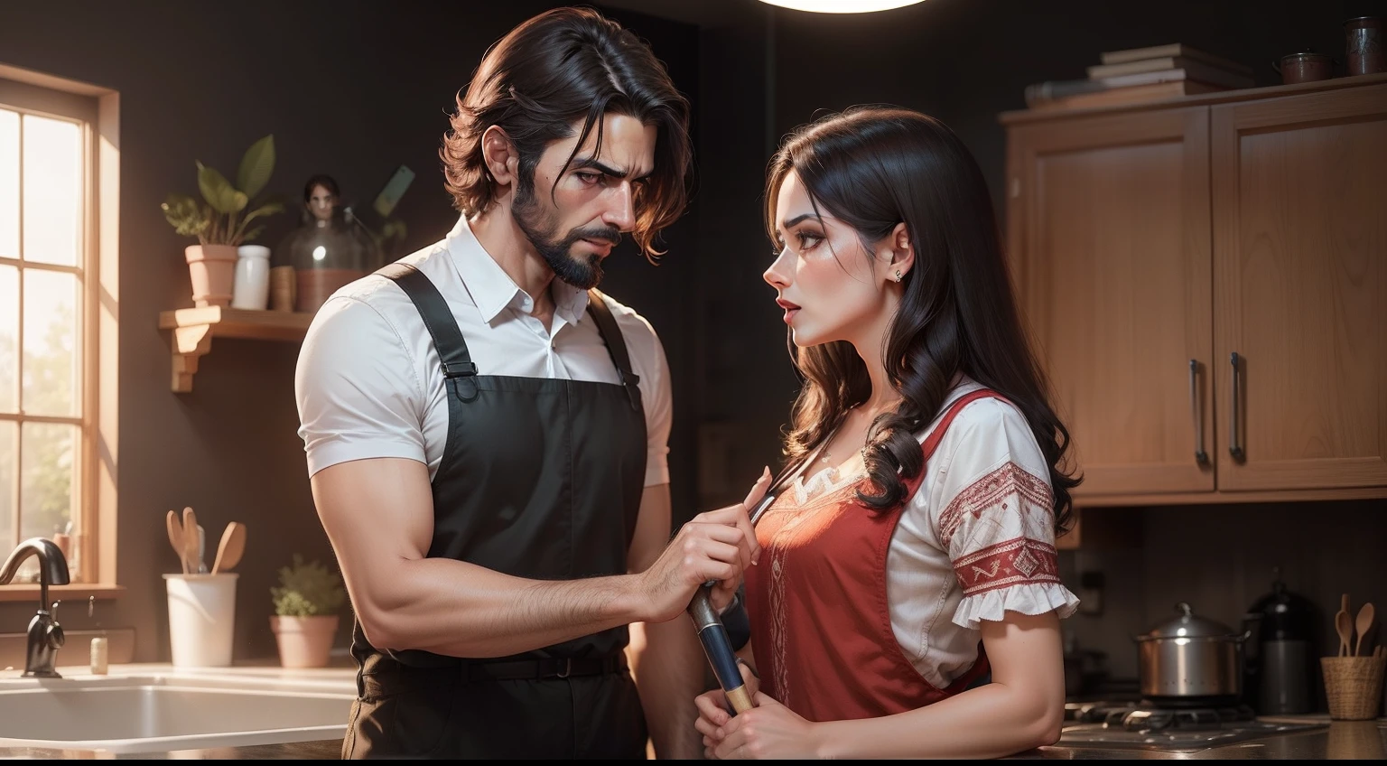 a man scolding a dark hair woman, who is doing house work
