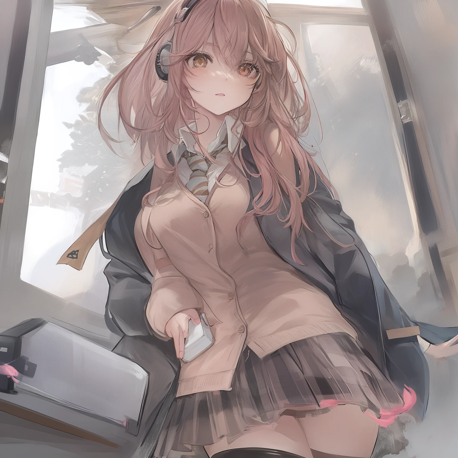 Nude full-body. Pink straight hair, brown eyes, A short skirt with a checkered pattern, a tie of the same color as the skirt, and a navy blue blazer.Female genitalia exposed. A city in ruins at night.Holding a handheld transceiver, wearing a wired headset for communication on the head, with an anarchic color scheme.