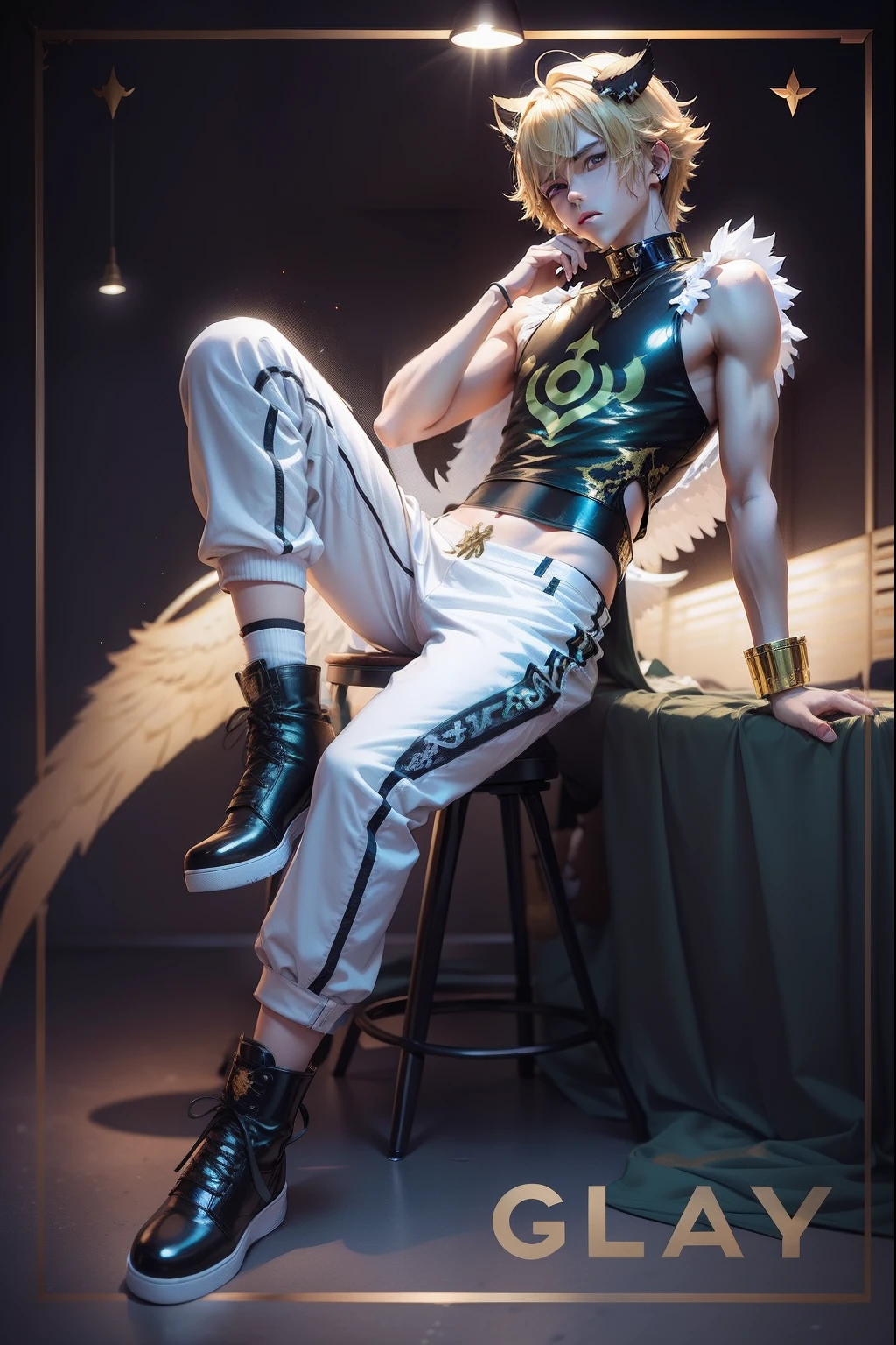 anime style, anime teenage boy, fullbody, shy pose, blond hair, green eyes, siting on chair in karaoke bar, gold demonic horns, white big angel wings, cat tail, microphone, croptop, big dick, no pants