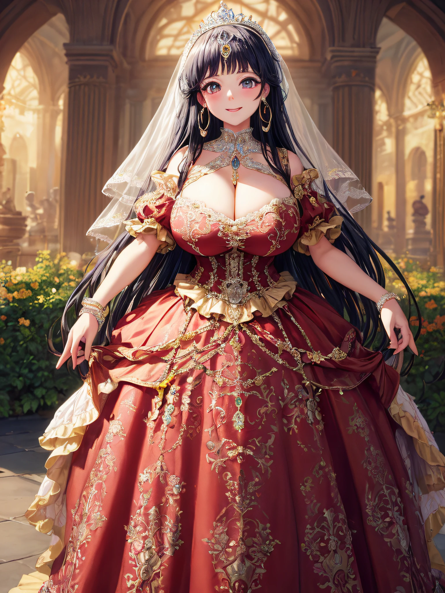 (masterpiece, best quality,extremely detailed,moe anime art style:1.2),1girl, (solo), cute, kawaii,digital art,((1 bling-bling anime princess wearing beautiful embroidery and jeweled gorgeous princess rococo ballgown with voluminous full length hoop skirt)),crinoline,long train,voluminous frills,(gorgeous embroidery and beautiful lace),(very gigantic boobs,cleavage,skindentation),((shiny hair,absurdly voluminous straight hair,absurdly Long Hair)),(finely detailed face and eye),clear pupil,smile,extremely gorgeousfull jeweled tiara,(bling-bling extremely gorgeousfull jeweled tiara),((bling-bling gorgeous gemstone jewelry)),long wedding veil,((standing in beautiful garden)),flowers,flower petals flowing,(dynamic angle),((beautiful embroidery and jeweled gorgeous princess rococo ballgown with voluminous full length hoop skirt))