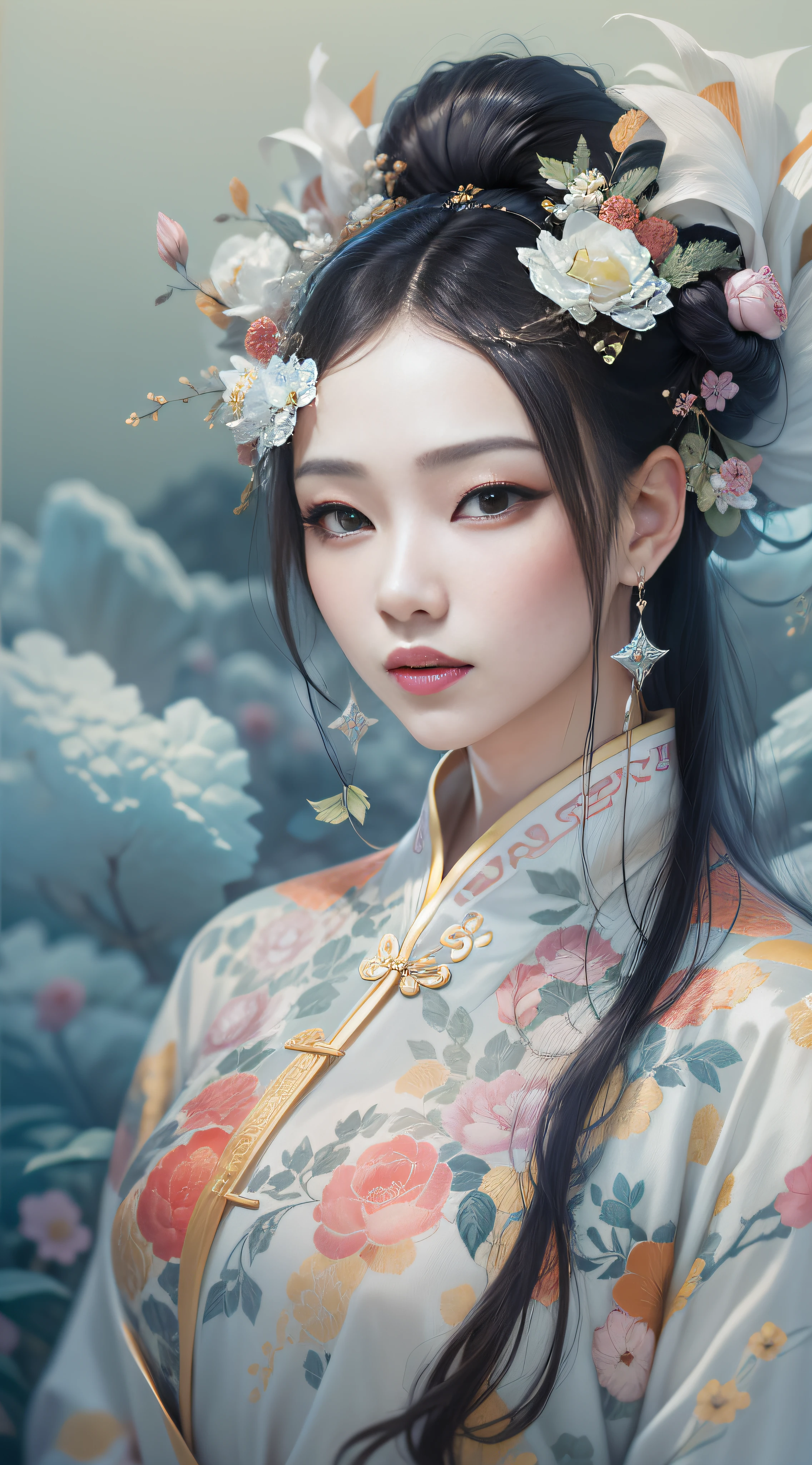Exquisite and exquisite Chinese beauty,with short black hair,naturally straight hair,Superb sophistication,Good facial features,Peerless beauty,softness,dreamlike quality,Reallightandshadow,Ultra-fine brunette hair,Wear an ice flower dress,She wears a beautiful hair ornament on her head,Delicate melon seed face,Delicate skin,frontage,with blue sky and white clouds,Cover of a,zoom,Collar,Hyper-detailed painting,with light glowing,Natural soft light,复杂,4K,Naturally moving,Realistic,超高分辨率