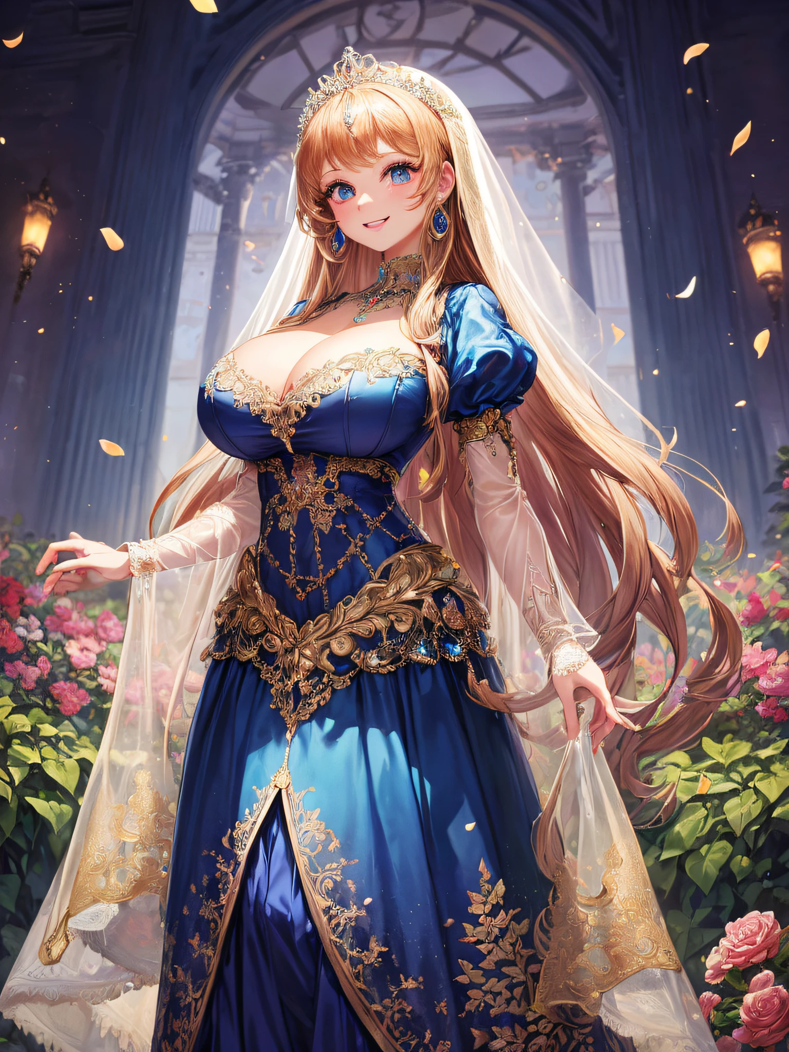 (masterpiece, best quality,extremely detailed,moe anime art style:1.2),1girl, (solo), cute, kawaii,digital art,((1 bling-bling anime princess wearing beautiful embroidery and jeweled gorgeous princess rococo ballgown with voluminous full length hoop skirt)),crinoline,long train,voluminous frills,(gorgeous embroidery and beautiful lace),(very gigantic boobs,cleavage,skindentation),((shiny hair,absurdly voluminous straight hair,absurdly Long Hair)),(finely detailed face and eye),clear pupil,smile,extremely gorgeousfull jeweled tiara,(bling-bling extremely gorgeousfull jeweled tiara),((bling-bling gorgeous gemstone jewelry)),long wedding veil,((standing in beautiful garden)),flowers,flower petals flowing,(dynamic angle),((beautiful embroidery and jeweled gorgeous princess rococo ballgown with voluminous full length hoop skirt))