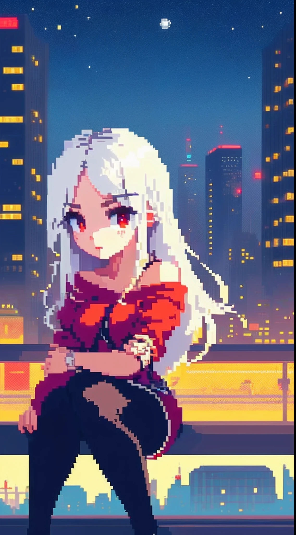 ((pixelart)) Original, (master part), 1girl, , alone, knee tights, long white hair, red eyes, off the shoulder, Looking at Viewer, shirt , City background