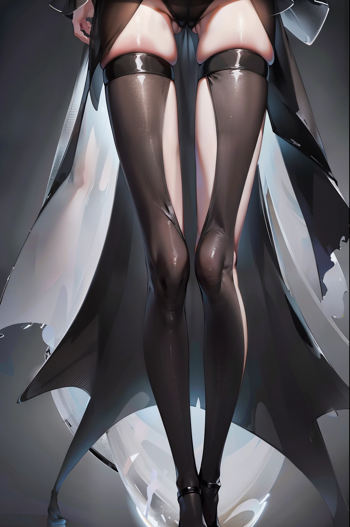 Black transparent stockings，Long thick legs，fleshy legs，Close-up of lower body legs，Full of light，Ray traching，hyper HD，8K，A high resolution