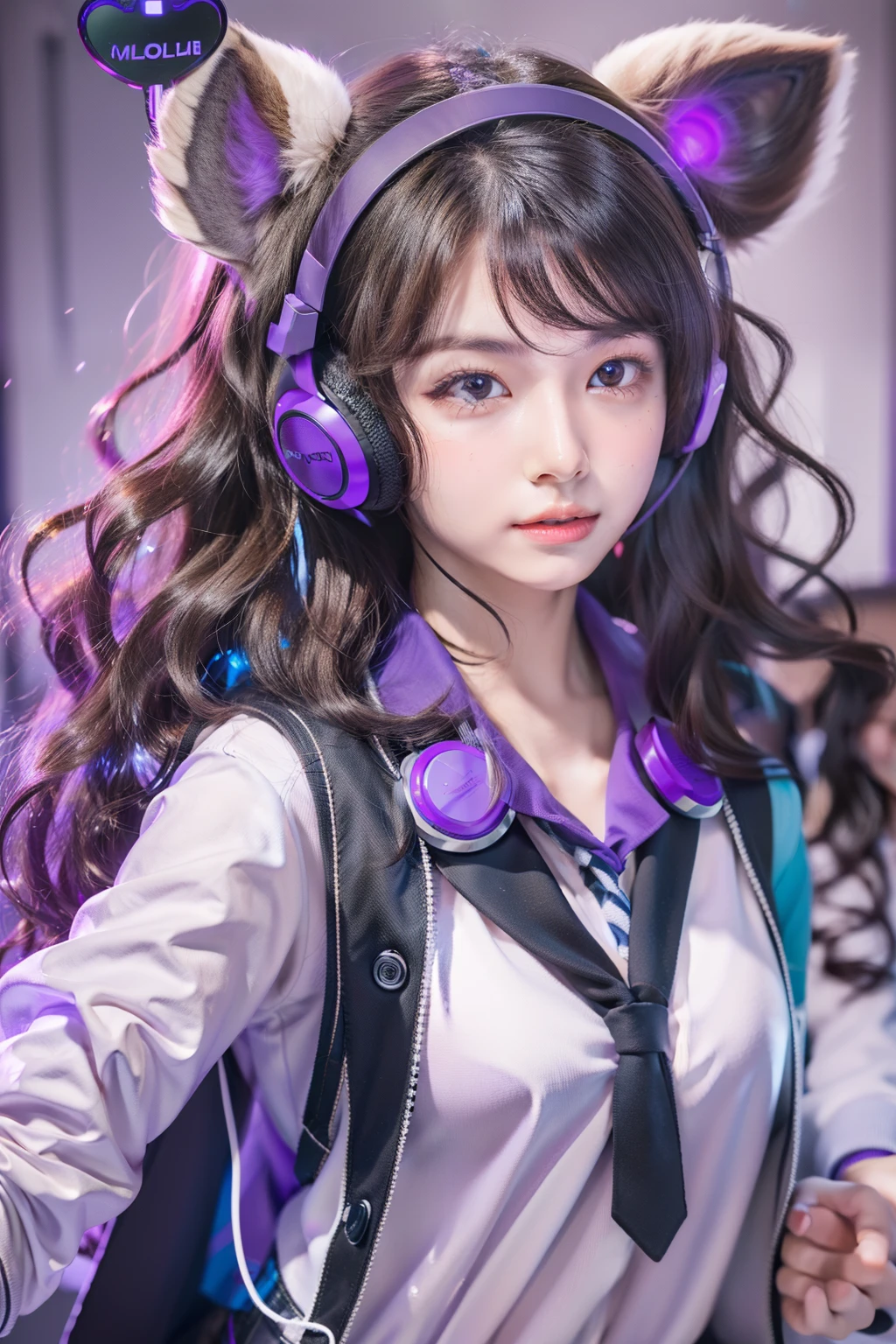 18 years old girl, dynamic camera angle, realistic skin, realistic hands, perfect hands, action lines, high resolution, school Girl with animal ear headphones on, long curly hair, purple eye, beautiful face, glowing skin, shool uniform