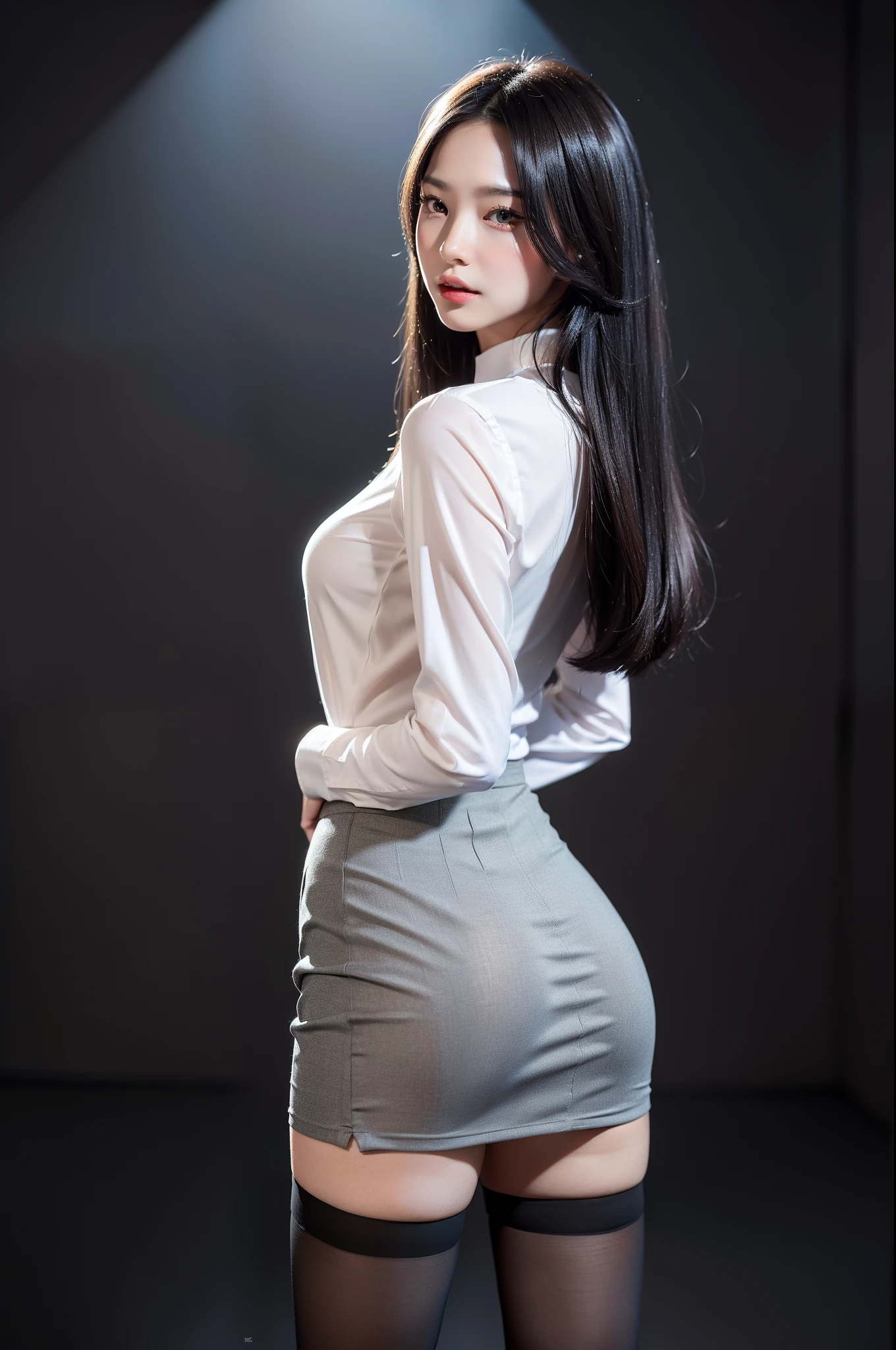 face is :9,1870450717], Elegant Female Teacher, Skirt and thighs、27yo、stature　162cm、Pose in a tight skirt and shirt, thighhighs and skirt, a miniskirt, transparent gray skirts, Beautiful short skirt, tight outfit, beautiful angle, Pencil miniskirt, Miniskirt, waist - shot, pantyhose tights, long thin legs, Short skirt, (Wearing pantyhose、Realistic Pantyhose)、ripped pantyhose、photographed from the back、s ass、Watching from behind、Walking in front、Raw photo, (in 8K、top-quality、​masterpiece:1.2)、(intricate detailes:1.4)、(Photorealsitic:1.4)、octane renderings、Complex 3D rendering ultra detail, studio lights, Rim Lights, vibrant detail, super detailing, realistic skin textures, Detail Face, Beautiful detail eyes, Very detailed CG Unity 16k wallpaper, make - up, (detailedbackground:1.2),　shinny skin、turned around、Exposed thighs!!!、
