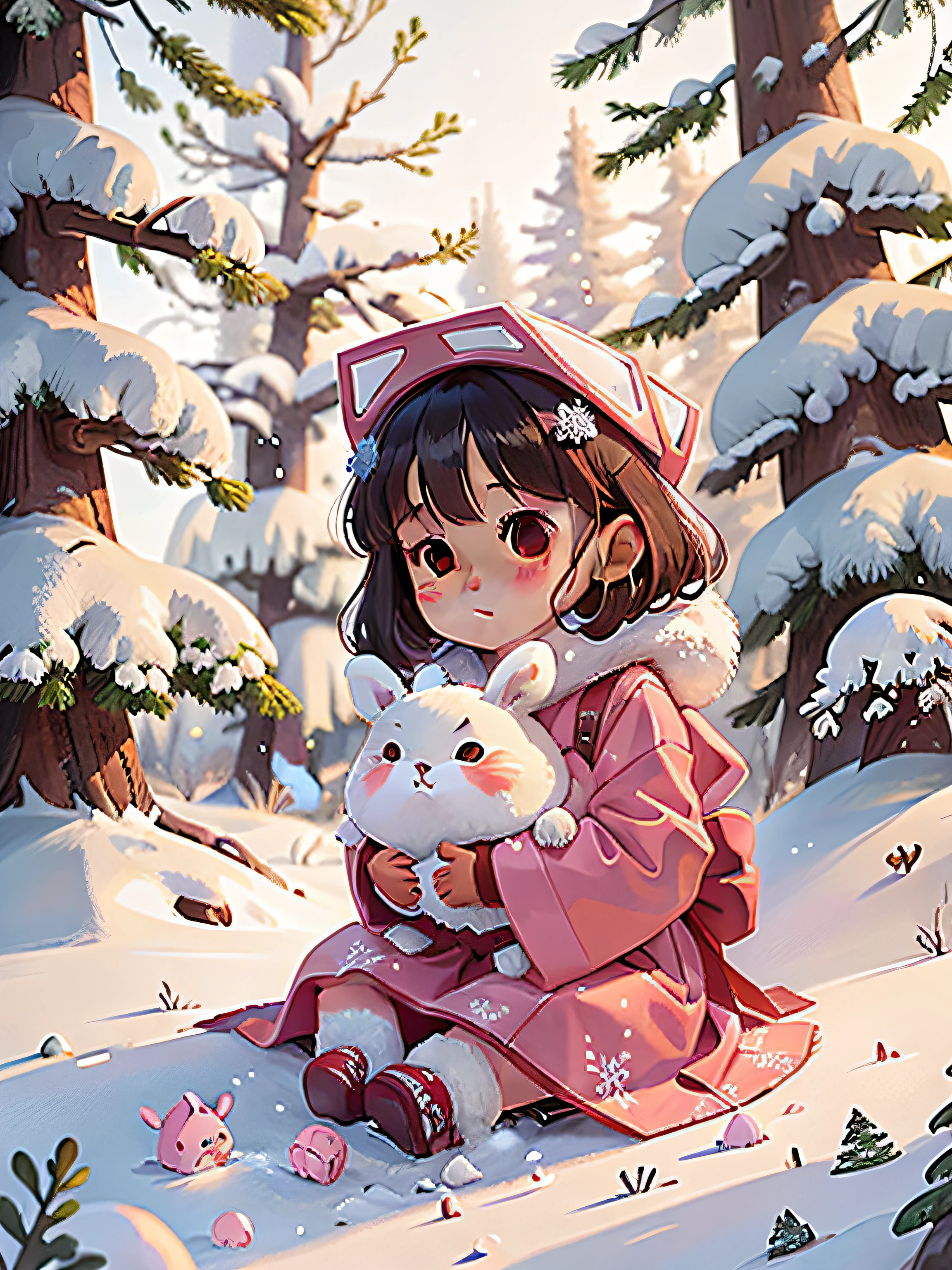 Pine trees covered with snow A little girl sitting happily on a snowflake, Huge hexagonal snowflakes, Wearing a white fur tie, Dressed in pink Hanfu, A small white rabbit,Light and shadow, A masterpiece