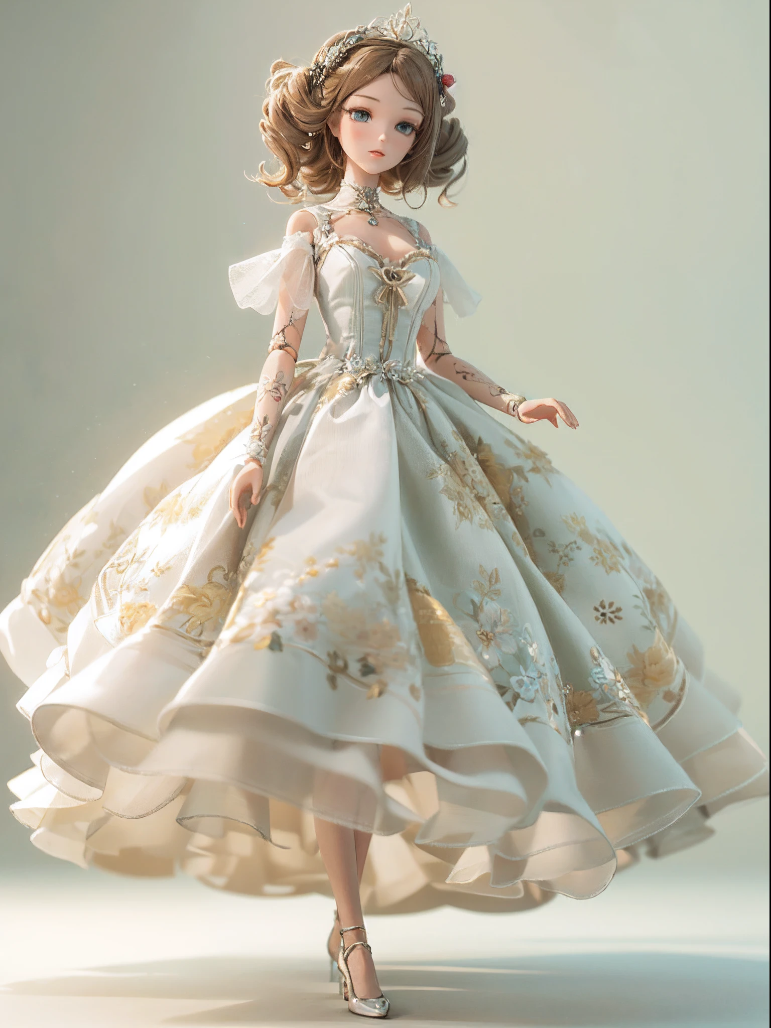 a goddess wearing a majestic white and blue ball gown dress, big beautiful dress, intricate puffy ball gown with lots of ruffles and rhinestones (Masterpiece, Top Quality, Best Quality, Official Art, Beautiful and Aesthetic: 1.2), (1 Flower), Full Body, Extremely Detailed, (Fractal Art: 1.3), Colorful, Most Detailed