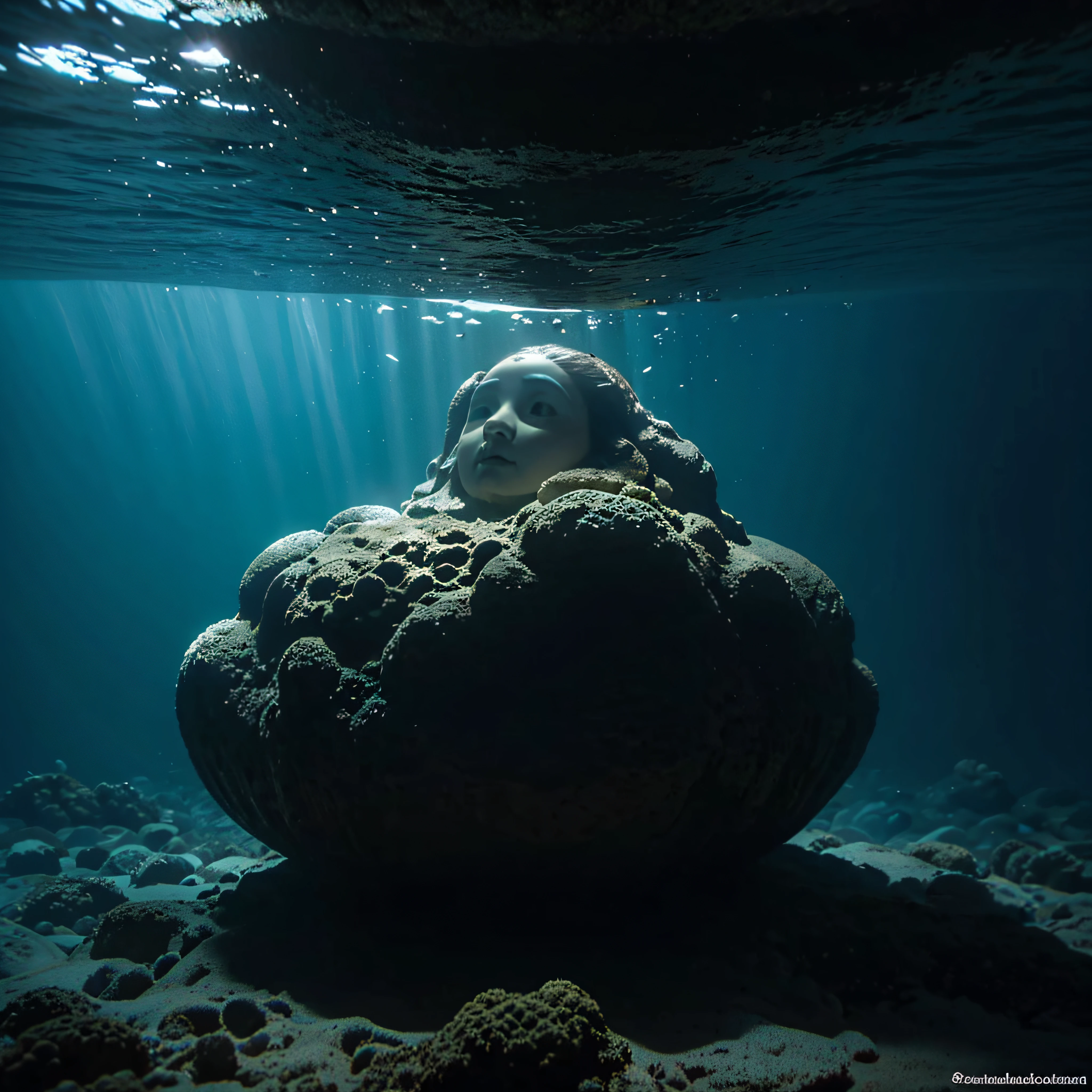 (extremadamente detallado, obra maestra, La mejor calidad, Under the Ocean), Estilo oscuro, volumetric illumination. textura de babosa, piel de caracol. manchas de tinta. Rococo composition.