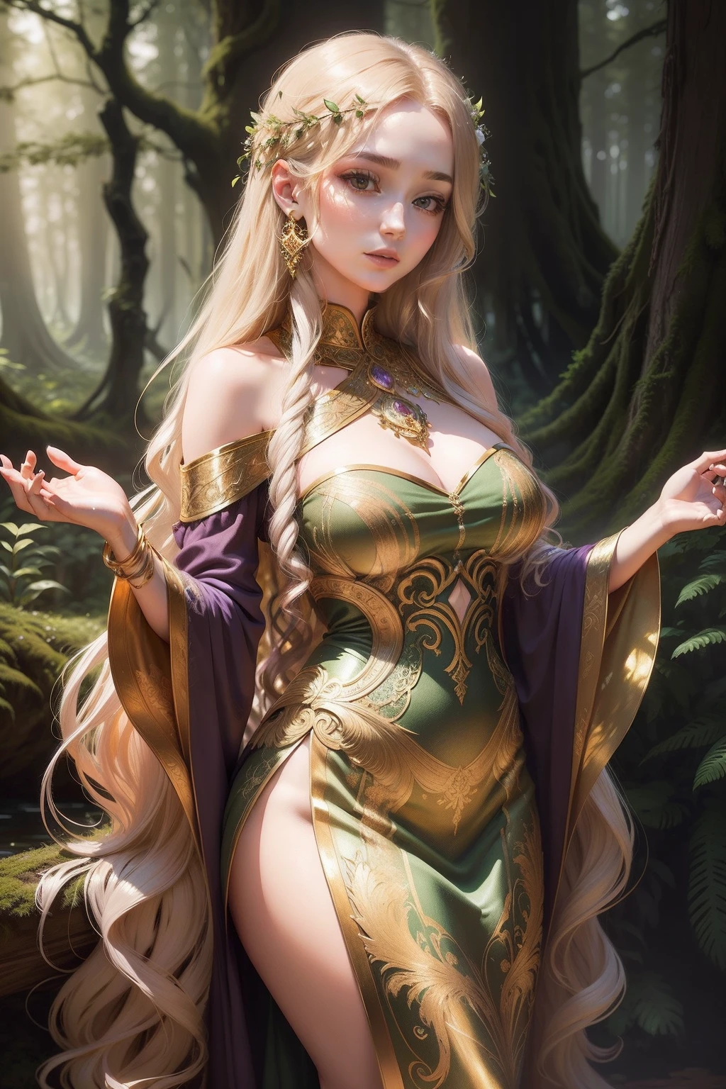 Beautiful lady, with long, flowing golden locks, in a serene forest glade, surrounded by ancient trees and soft moss, bathed in the gentle, mystical light of dawn, drawing inspiration from Gustav Klimt's ornate compositions, Art Nouveau with a contemporary flair, captured through acrylic oil painting techniques, scene, opulent shades of gold, forest greens, and deep purples, merging intricate patterns with natural elements, conveying a sense of enchantment and natural beauty