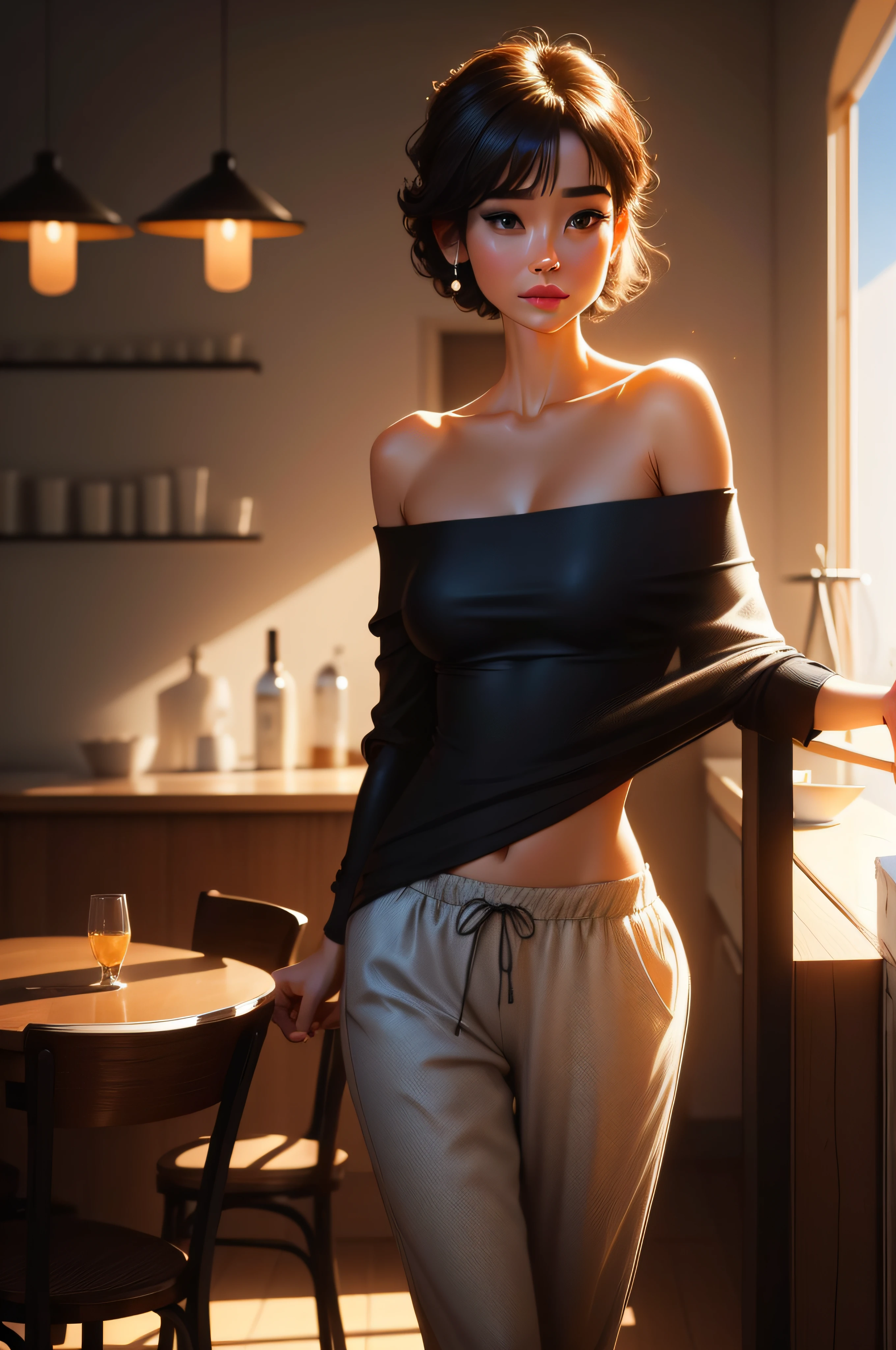 photorealistic,realistic,restaurant, dress, collarbone, short hair,off shoulder, capelet,capri pants, head tilt, standing, sparkle,photorealistic, best quality, ultra high res, beautiful, masterpiece, best quality, extremely detailed face, perfect lighting, solo,(1 slim girl), best quality, ultra high res, ultra detailed, best quality,