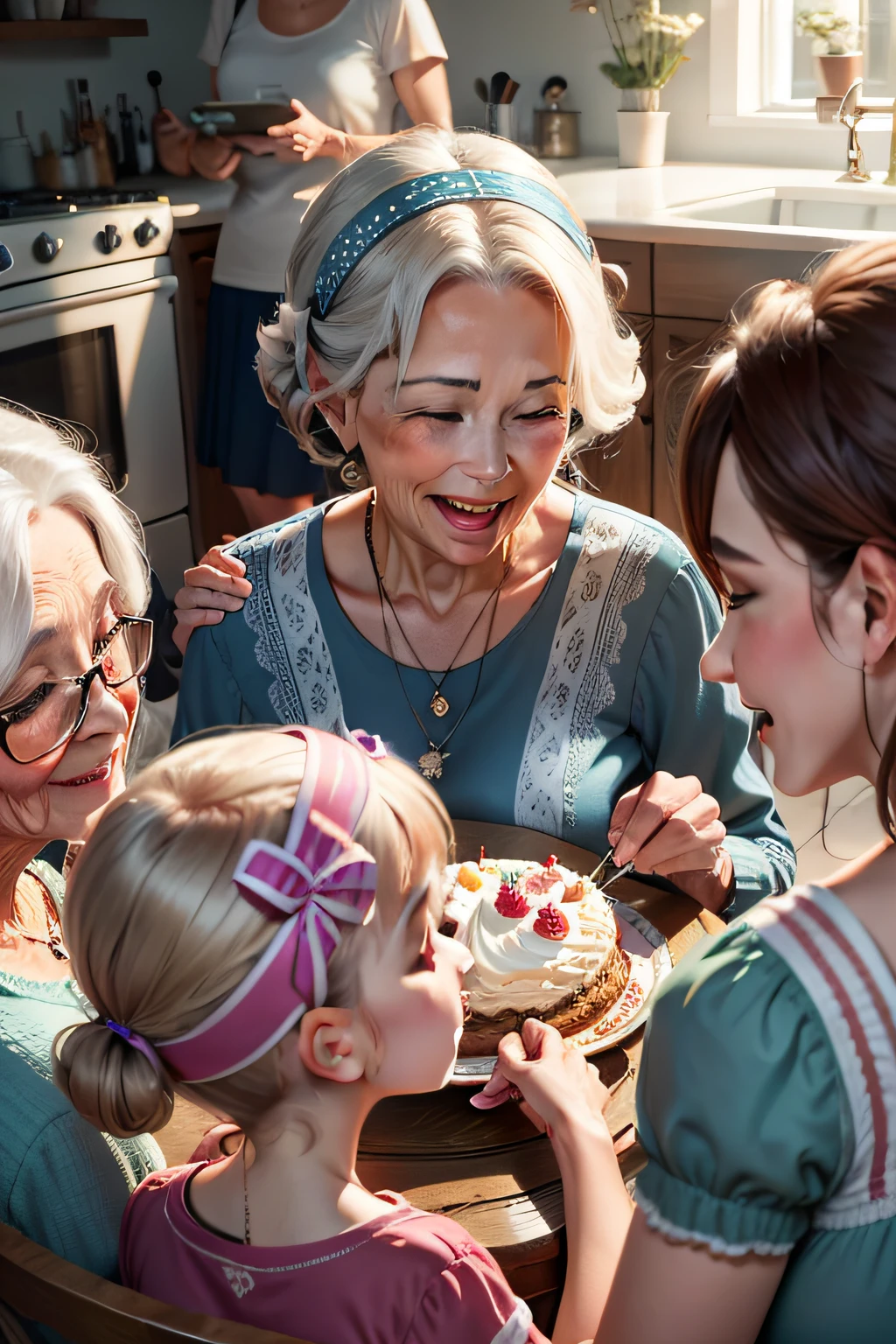 Create a family gathered around the elderly woman, Celebrating your birthday with joy and love, realista, 8k