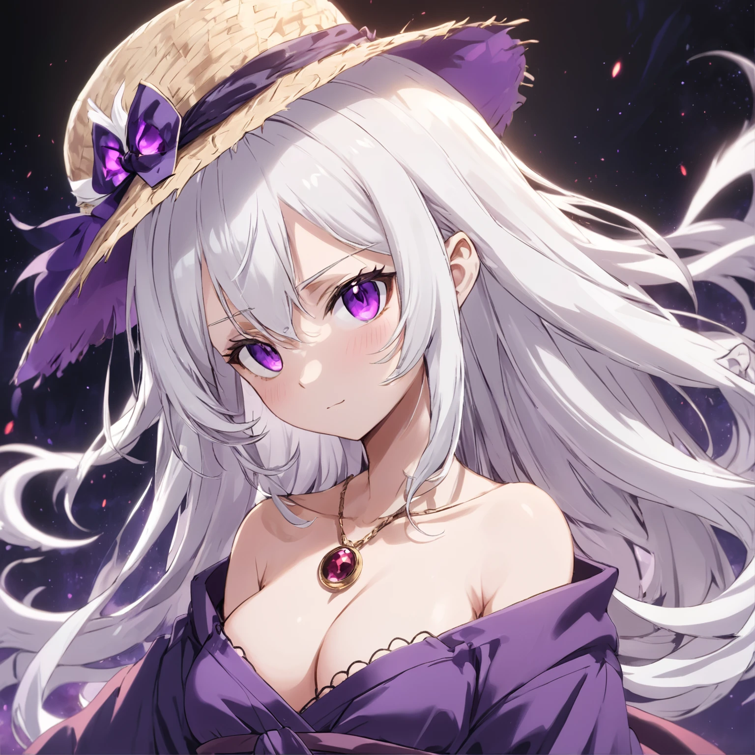 White hair,Purple robe,White pupils,Straw Hat Hat,Dark background,,Tsundere Girl,anime big breast,Purple gemstone necklace