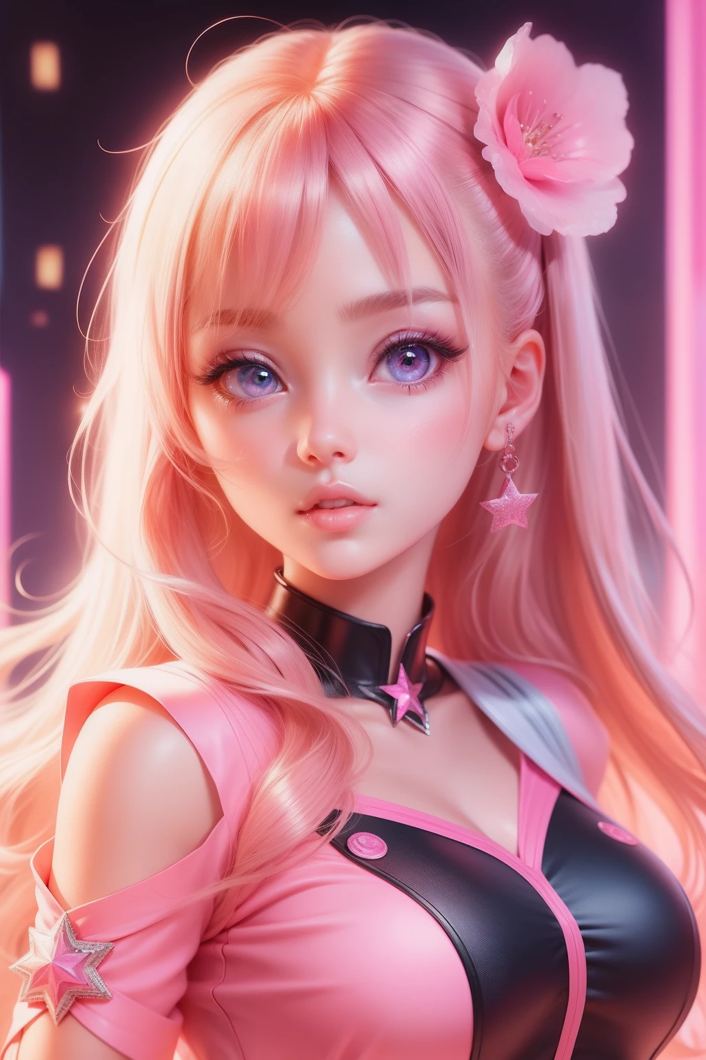 (masterpiece, best quality, ultra-detailed, best shadow), (detailed background, pink fantasy), (beautiful detailed face), high contrast, (best illumination, an extremely delicate and beautiful), cinematic lighting, a pretty girl with platinum blonde hair and bright blue eyes wearing a pink crop top and skirt, clay like artstyle, kawaii style, pixar style, dynamic pose, dreamlike aesthetic