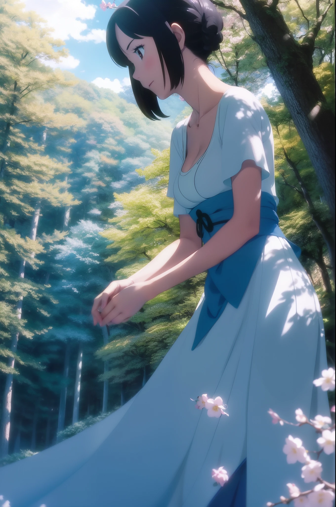 tmasterpiece,best qualtiy,cinematic Film still from,1girl,Forest Girl,closeup cleavage,brightly,cheerfulness,blossoms,Warm and soft lighting,Under the blue sky and white clouds,in style of hayao miyazaki,Super skin,Super textured,Super light and shadow,Long dress in solid color