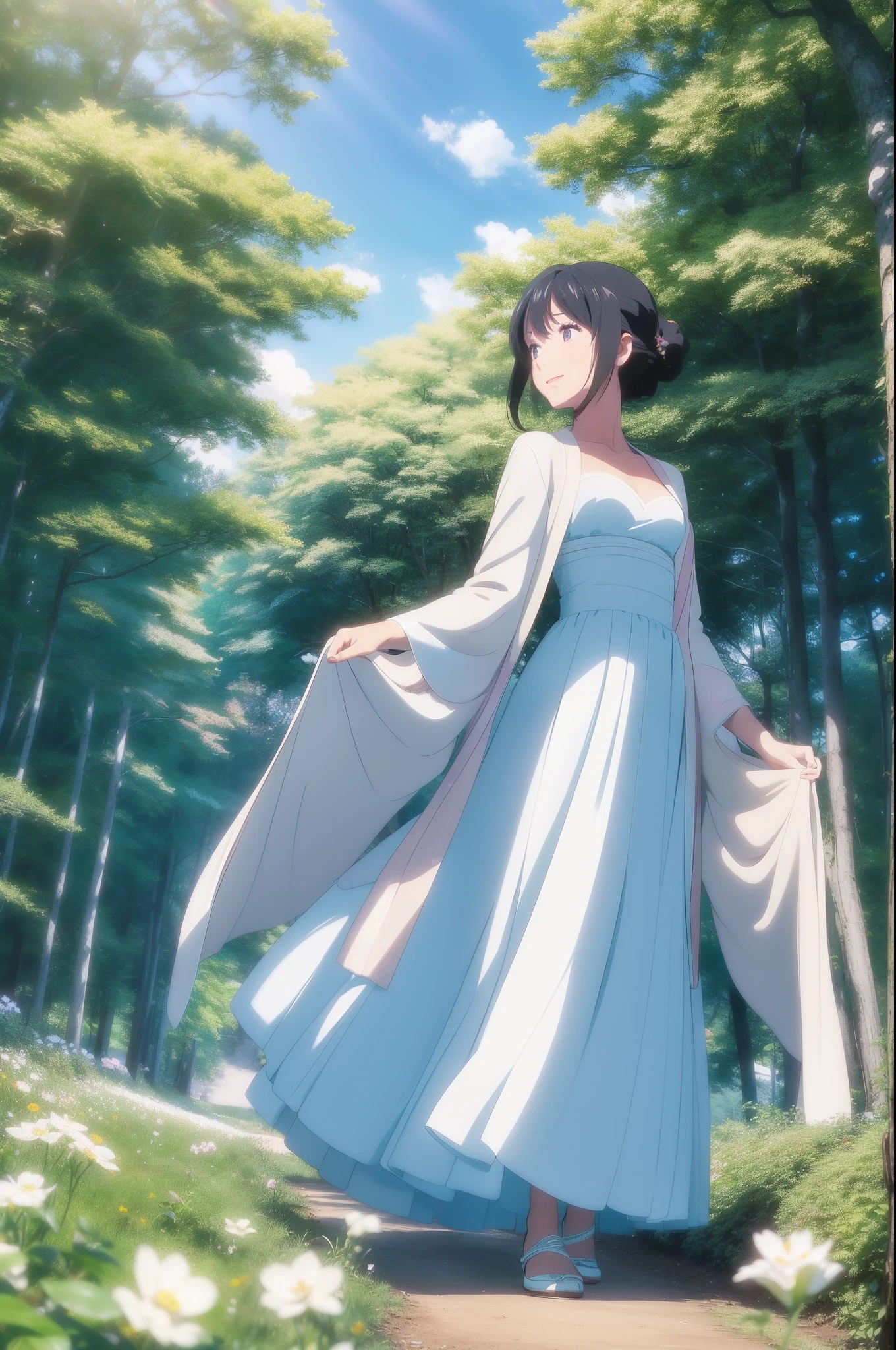 tmasterpiece,best qualtiy,cinematic Film still from,1girl,Forest Girl,closeup cleavage,brightly,cheerfulness,blossoms,Warm and soft lighting,Under the blue sky and white clouds,in style of hayao miyazaki,Super skin,Super textured,Super light and shadow,Long dress in solid color
