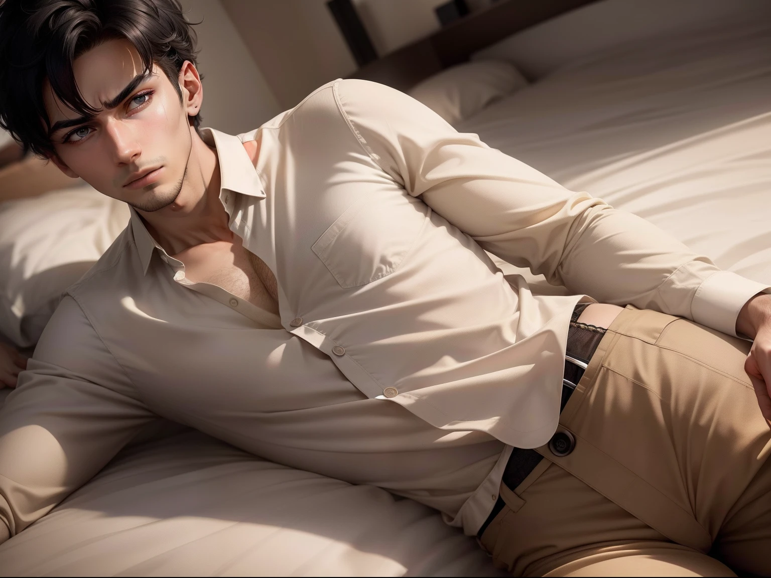 Ultra realistic 8k image of slim 25 year old male, short black hair, extremely detailed eyes, dressed in a beige button-down shirt and beige pants, lying on a plain hotel bed, night, expression of hate