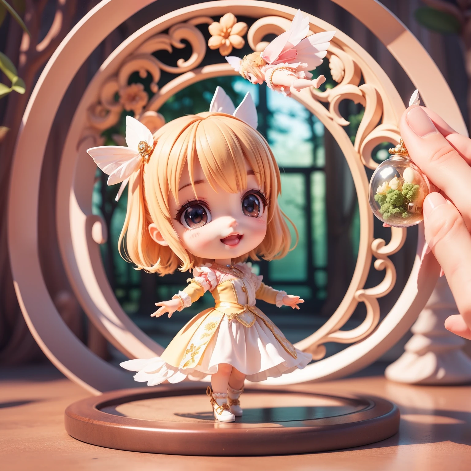 Cute Baby Chibi Anime、(((chibi 3d))) (Best Quality), (masutepiece)、Five Little Fairies、Stained glass feathers、Holding hands in a circular motion、Floating in the air、Smaller face、jeweled costume、Open your mouth and smile、A detailed face、fullllbody、fairy tale forest