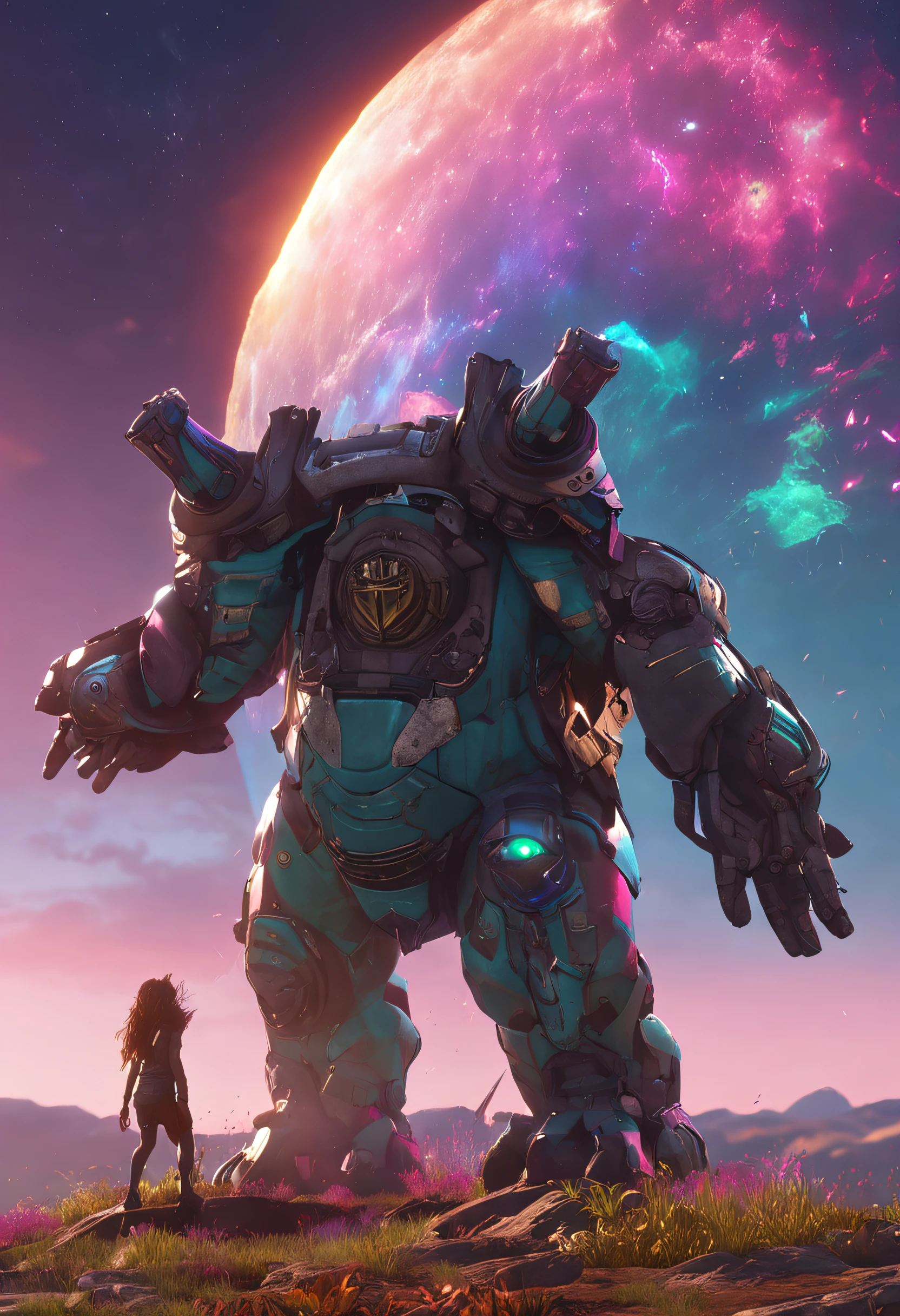 (Dynamic angle:1.4), ((Full body posing:1.5), (colorful:1.2), (extremely detailed CG unity 16k wallpaper:1.1), (Denoising strength: 1.45), (tmasterpiece:1.37), ((official art)), top quality, sunset, sky, the top of the hill, steam, game cg, science fiction, monster, orc, double bun, shiny hair, multicolored hair, slit pupils, no nose, (masterpiece), (masterpiece), masterpiece, best quality