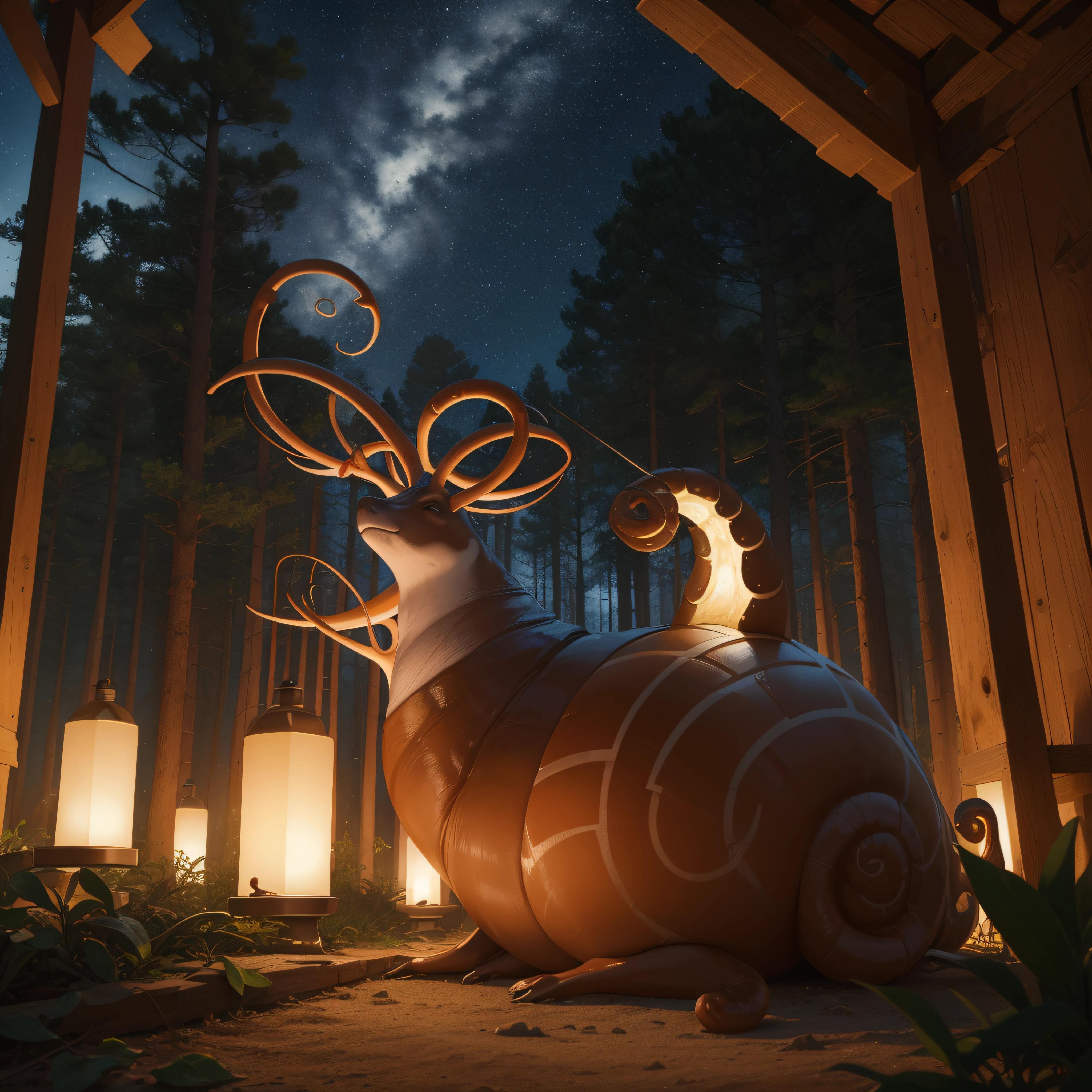 (extremadamente detallado, obra maestra, La mejor calidad, foto antigua, principios de siglo) latex, snail, una linterna directa lo ilumina, bosque de noche. plano cercano. sangre por el suelo.