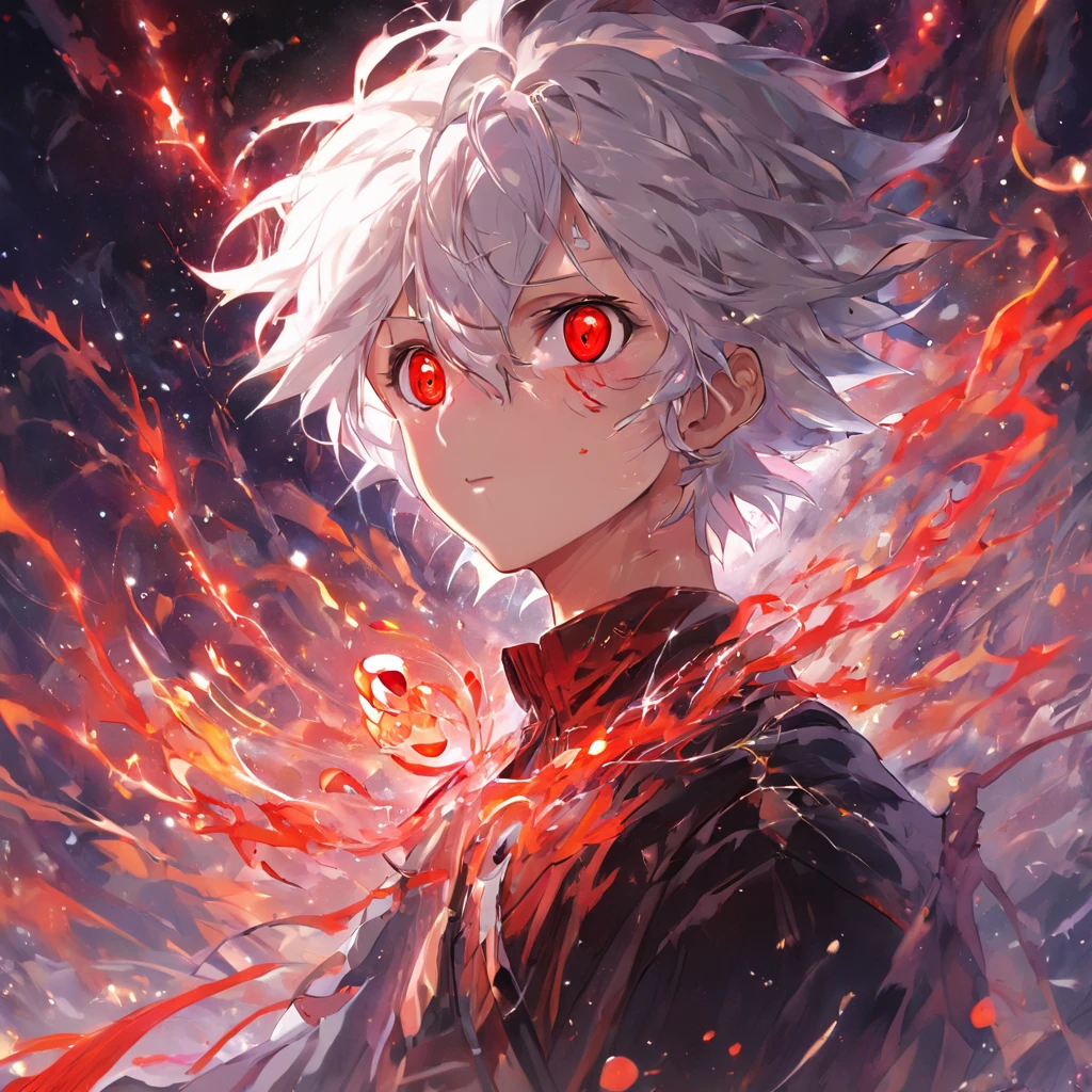 a painting that represents the essence of magic in your world, showing the white-haired, red-eyed protagonist with a mystical black mark on his neck immersed in a cascade of magical energy, with glowing particles dancing around him and arcane symbols forming in the air, natural lighting, eye catching, over powered.