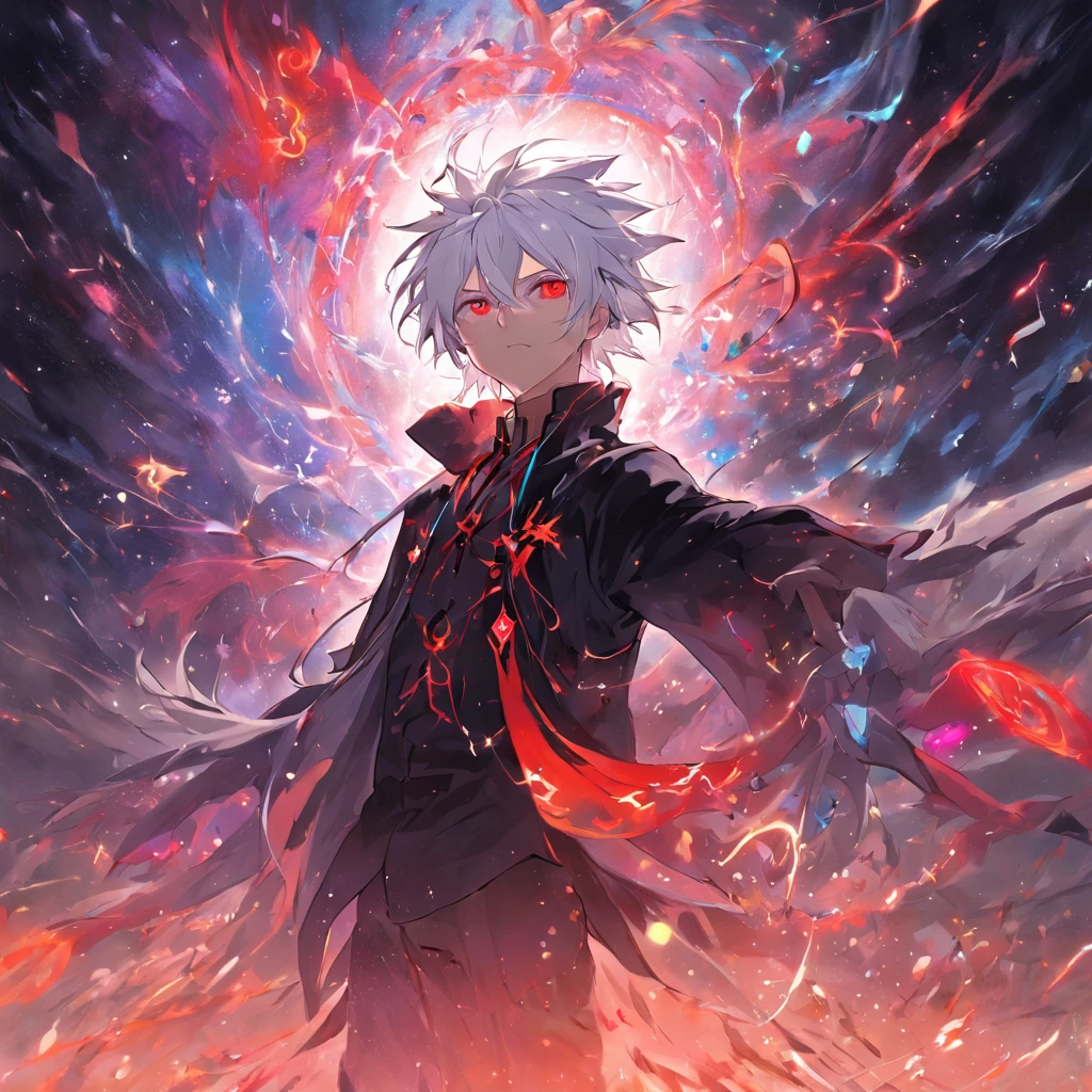 "Create an image of a white-haired man with blue eyes standing in the center of a dark forest filled with countless red, glowing eyes. He is looking directly at the viewer with a wide, crazed smile. The atmosphere is eerie and unsettling, with twisted branches and a fiery glow from the underbrush. The overall mood should be one of horror and dread."