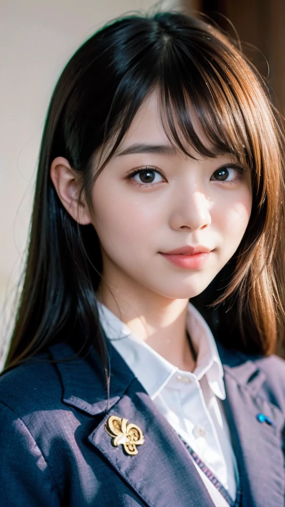 ulzzang -6500-v1.1, (Raw foto:1.2), (Photorealsitic:1.4), a beautiful detailed girl, extremely detailed eye and face, Oversized smile,beatiful detailed eyes, Ridiculous, Frontal Face,head shot, Front view, unbelievable Ridiculous, huge filesize, ultra-detailliert, hight resolution, ighly detailed, top-quality, masterpiece, Kemomimi, ((Japanese girls' high school uniform)), illustratio, ighly detailed, nffsw, unification, 8k wallpaper, magnifica, finely detail, masterpiece, top-quality, Highly detailed ticker uniform 8K wallpaper, Light on the Face、电影灯光、16yo girl,In the city