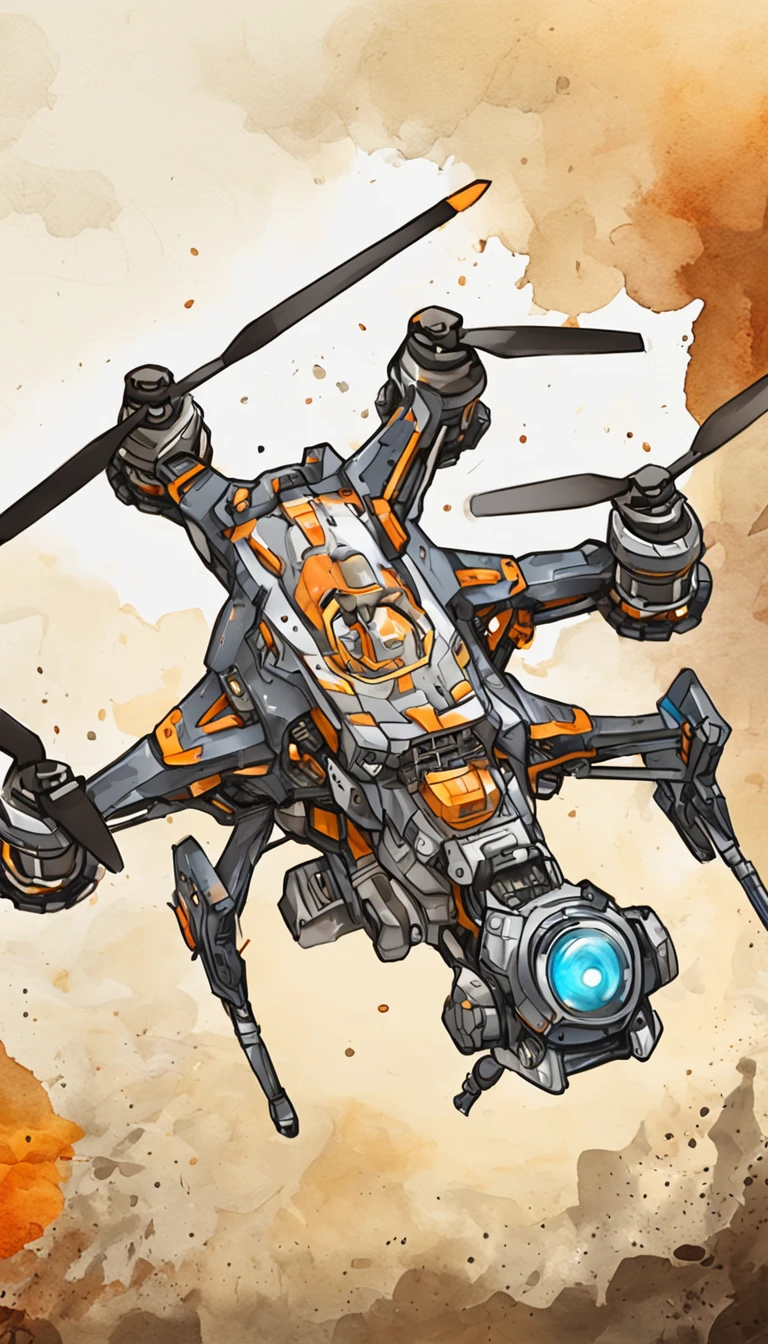 Quadcopter UAV，in mecha style，illustration，Thrilling battles，Flight stability，Unique perspective，Dynamic graphics，Full of technology，Amazing。