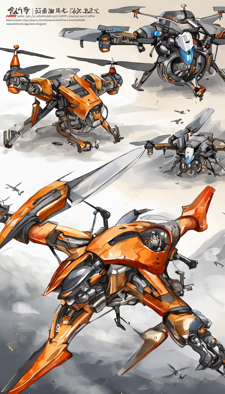 Quadcopter UAV,in mecha style,illustration,Thrilling battles,Flight stability,Unique perspective,Dynamic graphics,Full of technology,Amazing。