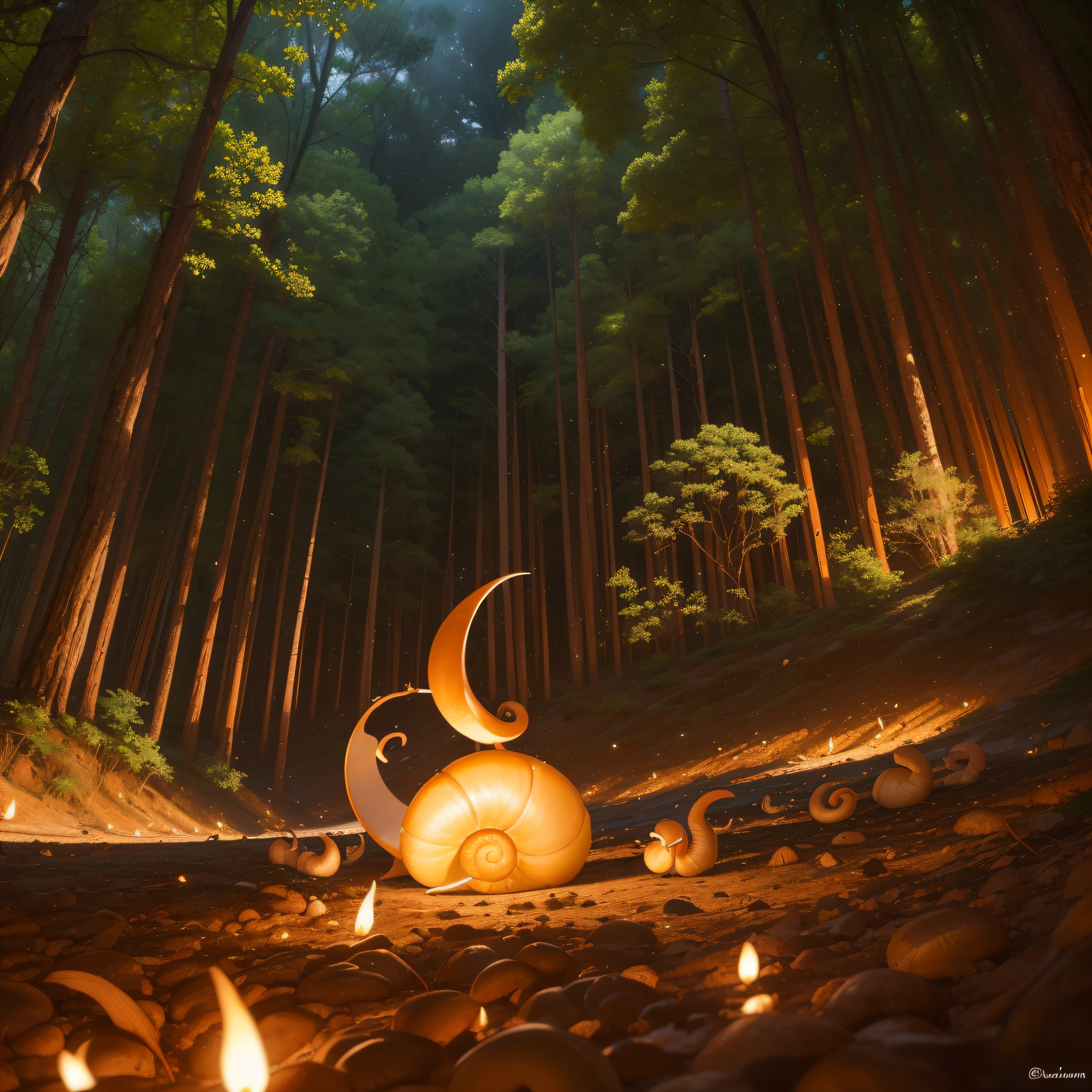 (extremadamente detallado, obra maestra, La mejor calidad, foto antigua, principios de siglo) latex, snail, una linterna directa lo ilumina, bosque de noche. plano cercano. sangre por el suelo.