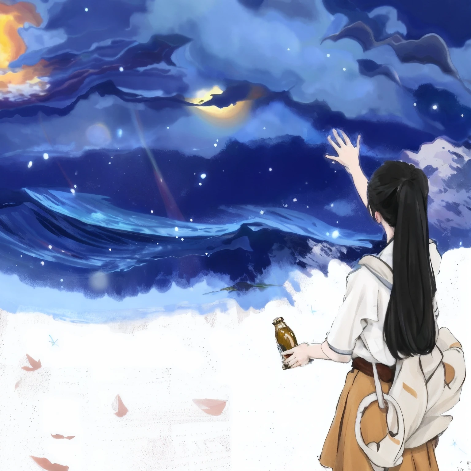 Anime girl in white shirt and brown skirt holding a bottle of beer, girl looks at the space, anime backgrounds, Inspired by Yuumei, inspired by Ma Yuanyu, made with anime painter studio, Anime Paintings, drawn in anime painter studio, Makoto Shinkai Cyril Rolando, she is approaching heaven, animeaesthetic,Snow season
