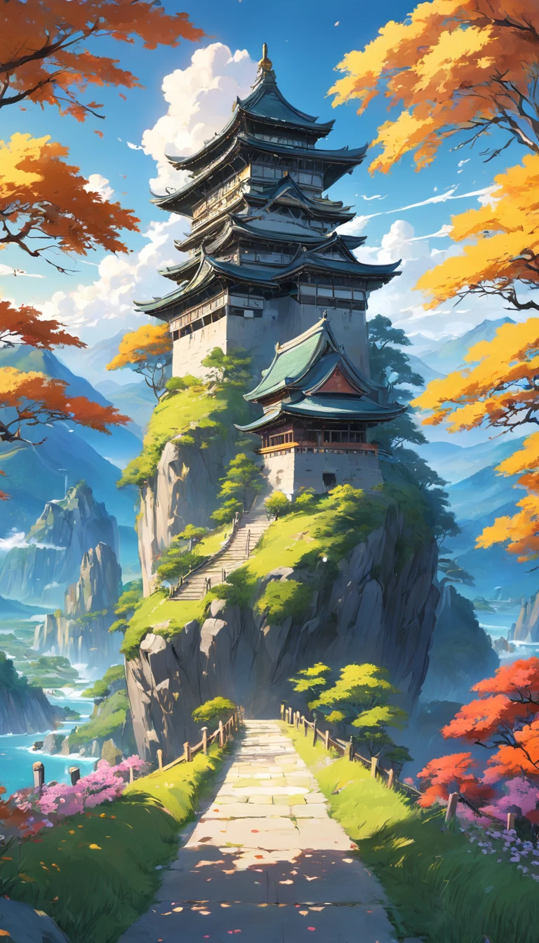 landscape, green hills and one castle, there are road in center, bush on side with yellow color, flower on side, bird, peace, morning vibes, japan vibes (extremely detailed CG unity 8k wallpaper), most beautiful artwork in the world, intricate, High Detail, Sharp focus, dramatic, photorealistic painting art, dreamland