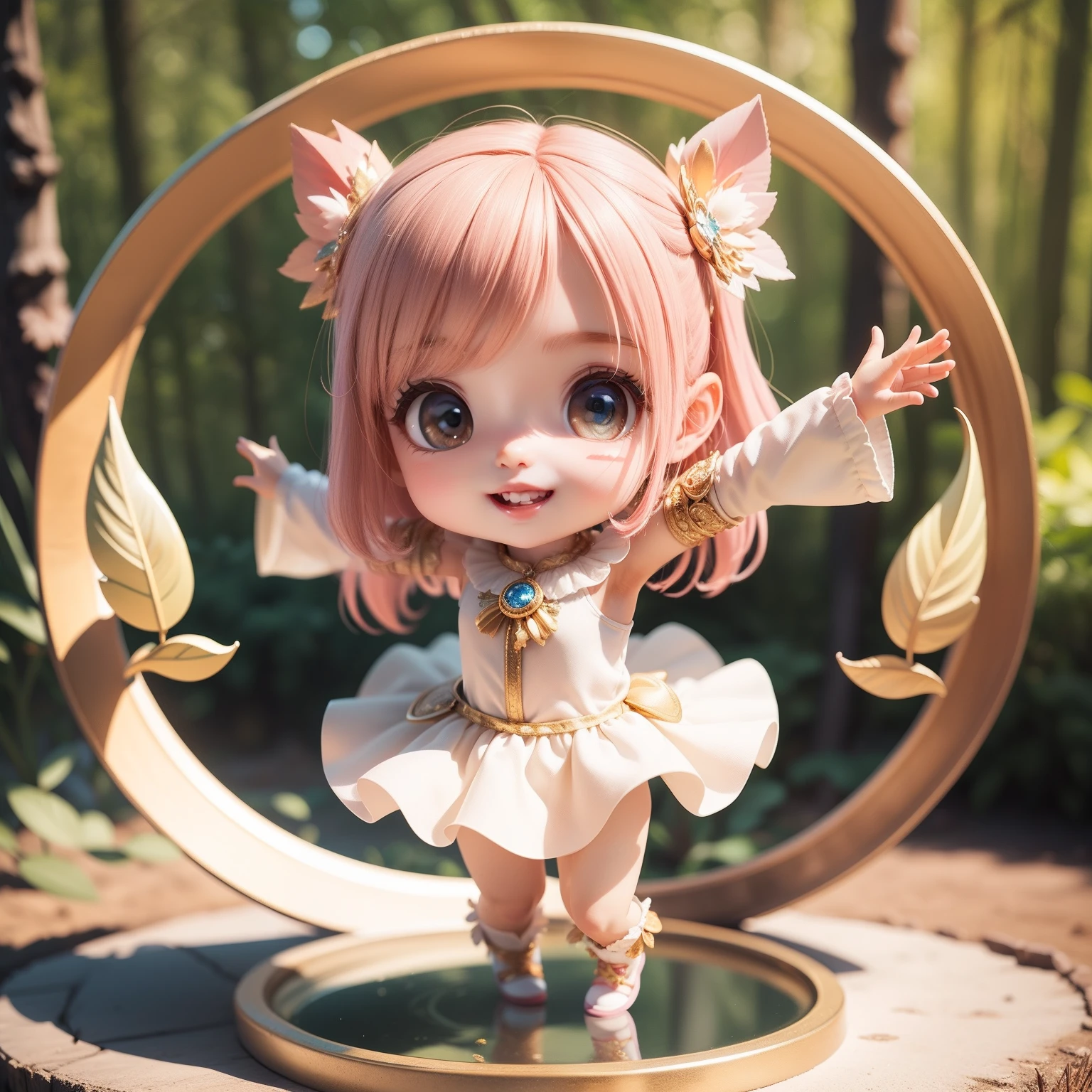 Cute Baby Chibi Anime、(((Chibi 3D))) (Best Quality), (masutepiece)、Five Little Fairies、Stained glass feathers、Holding hands in a circular motion、Floating in the air、Smaller face、jeweled costume、Open your mouth and smile、A detailed face、fullllbody、fairy tale forest