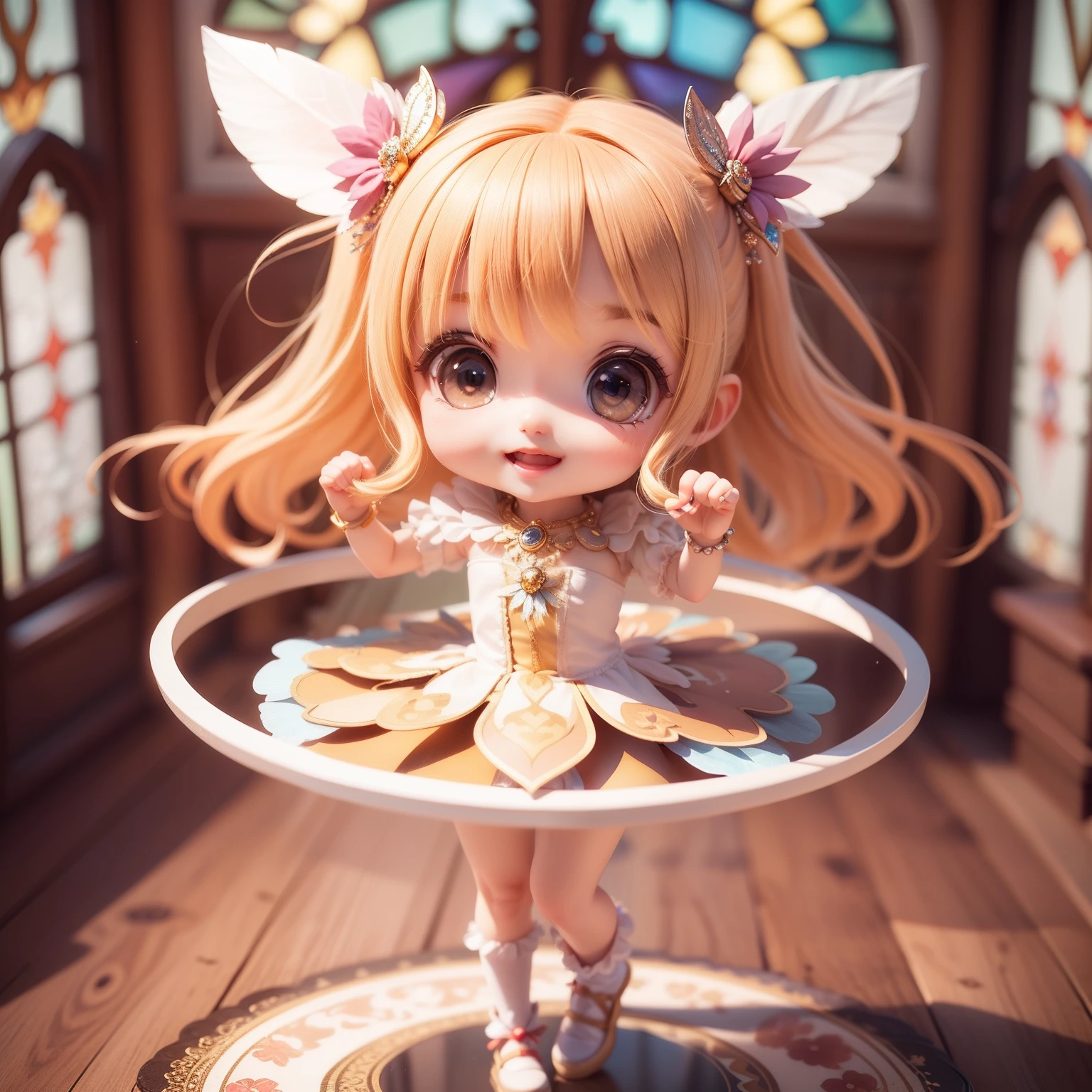 Cute Baby Chibi Anime、(((Chibi 3D))) (Best Quality), (masutepiece)、Five Little Fairies、Stained glass feathers、Holding hands in a circular motion、Floating in the air、Smaller face、jeweled costume、Open your mouth and smile、A detailed face、fullllbody、fairy tale forest