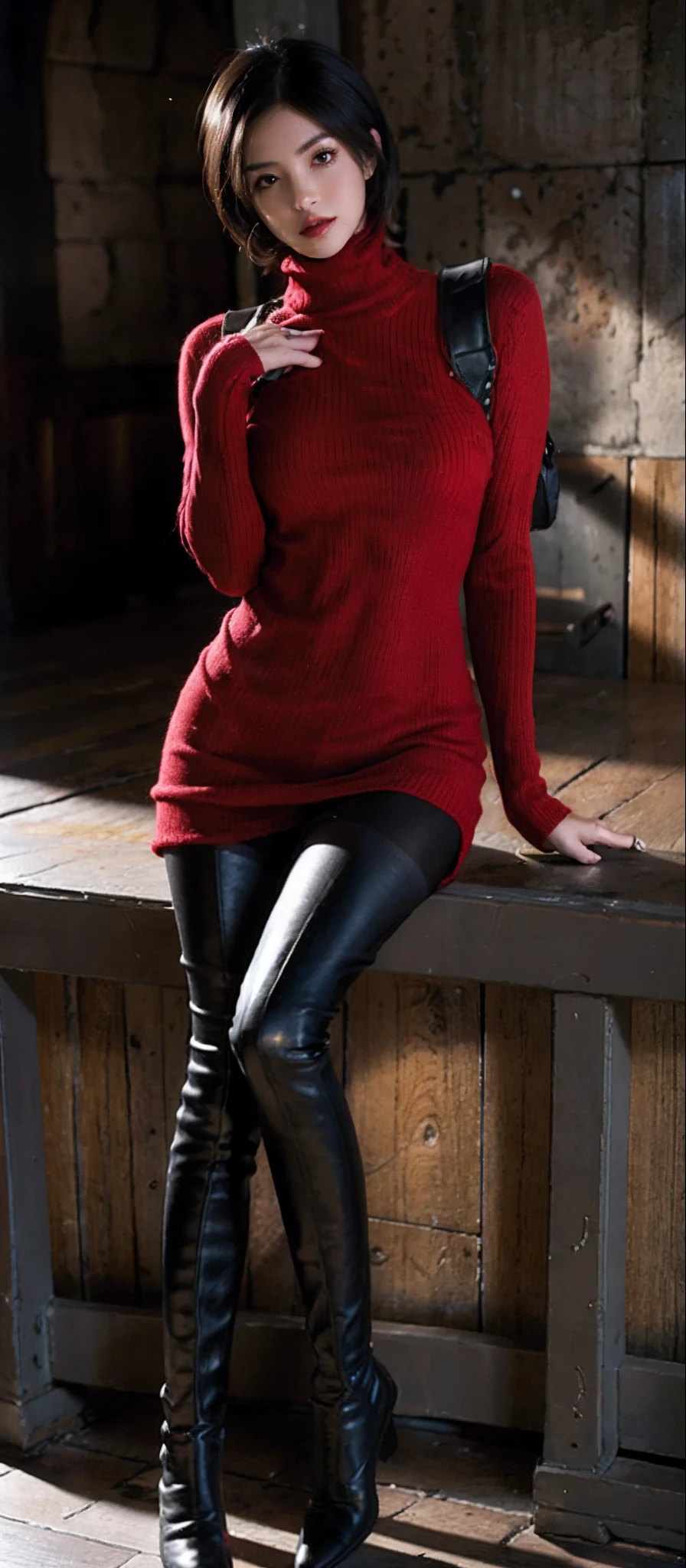 "1girl, RE4, red sweater dress, high-top sneakers, Ribbed sweater, thigh-high boots, Black pantyhose, bloom, harness, best quality, masterpiece, ultra high res, (photorealistic:1.4), 1girl, dark backdrop."