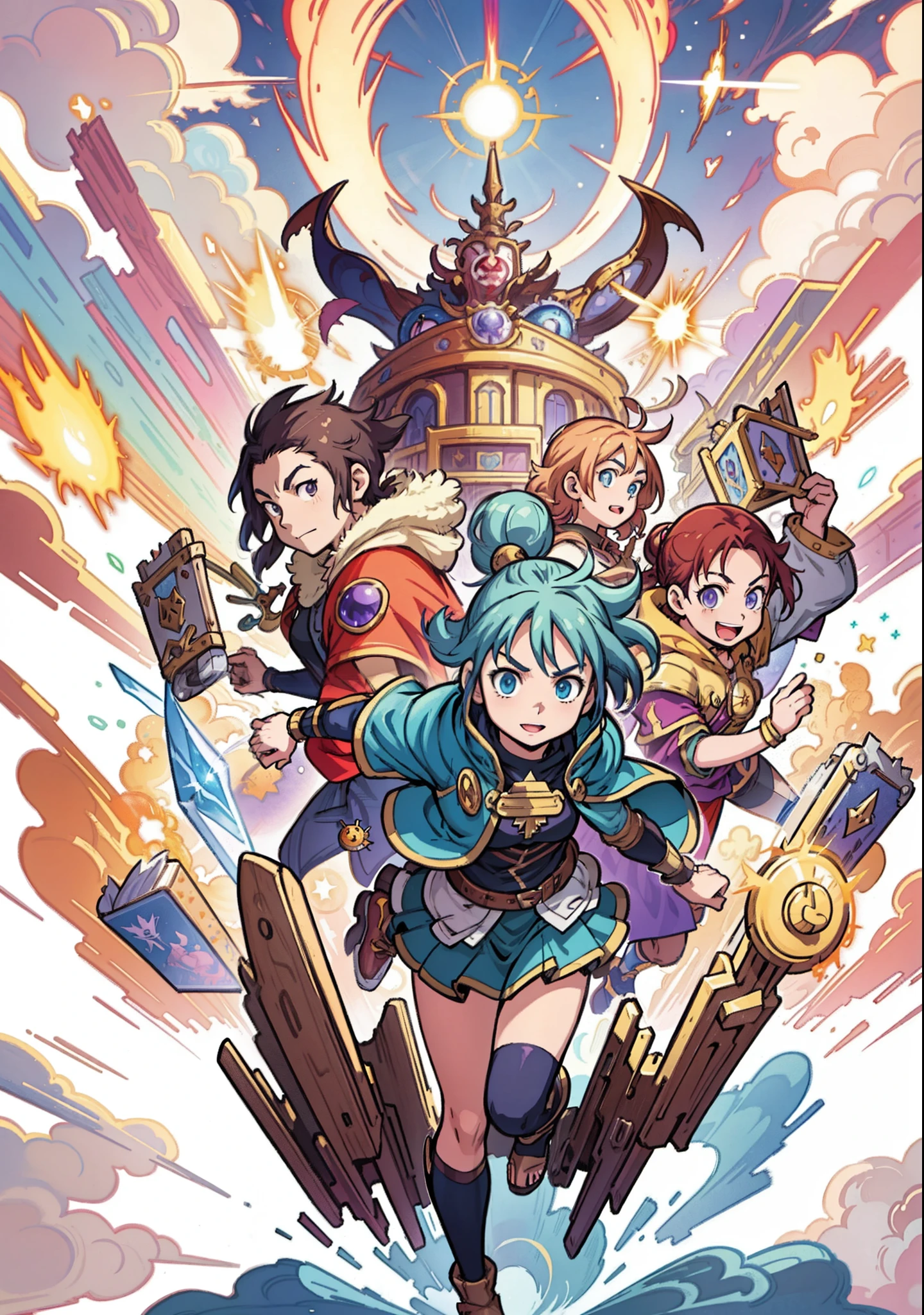 a group of cartoon characters are flying through the air, vox machina, full art, official artwork, fan art, epic full color illustration, mages, anime epic artwork, full color illustration, album art, l critical role, epic multifigures composition, dota, epic art, everyone having fun, hq artwork, joker as naruto, promotional art, extended art, high quality, best quality, high detail, perfect draw, official artwork, detailed cover artwork, key art, promo art, album art, front cover of a new video game, enhanced, official art, anime cover, board game cover art, promotional art, box art, album art cover, game cover, battle chasers, official anime artwork, album cover, high-quality face, high quality hand, by bestiary_style, fantasy, armor, sword, extreme quality, rpg