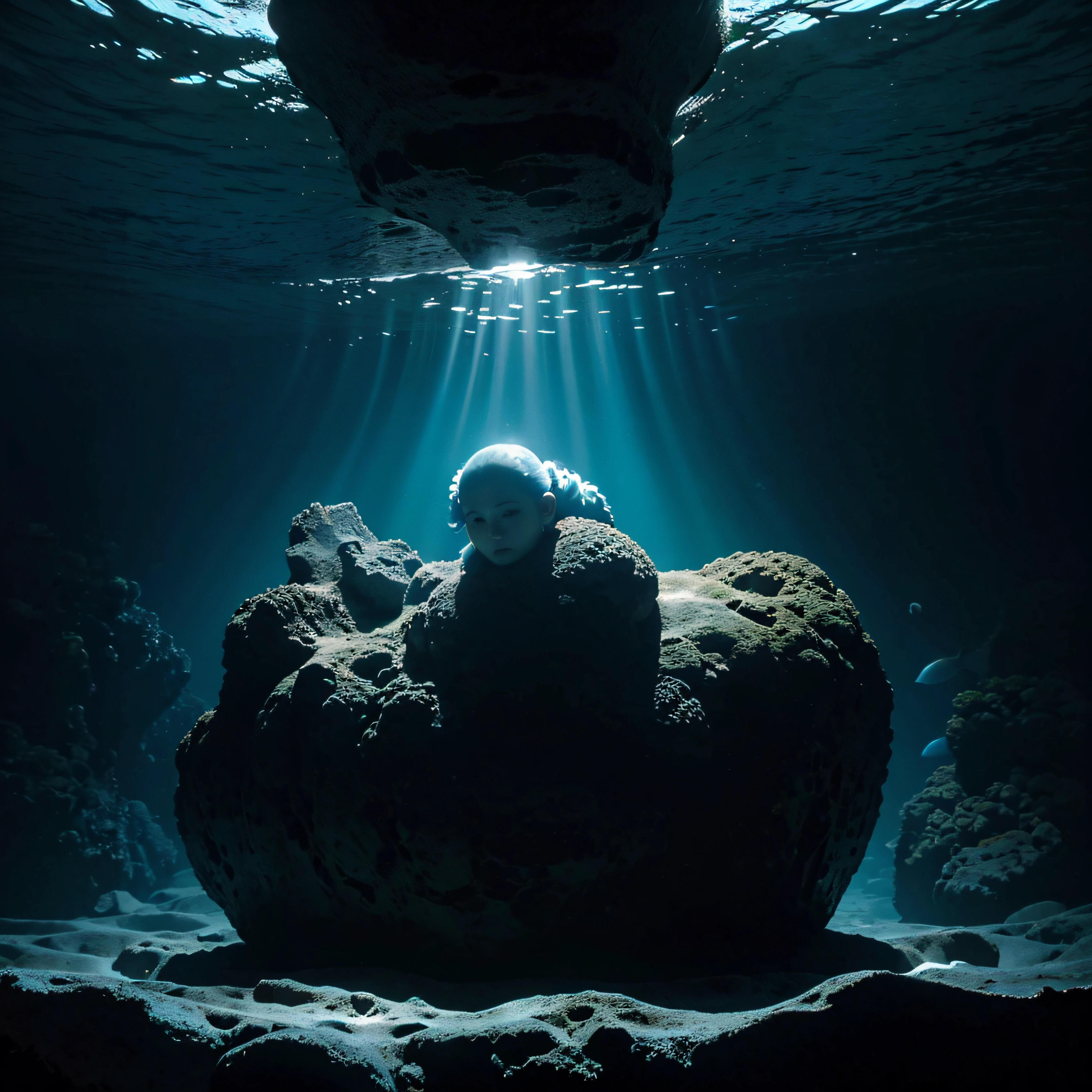 (extremadamente detallado, obra maestra, La mejor calidad, Under the Ocean), Estilo oscuro, volumetric illumination. textura de babosa, piel de caracol. manchas de tinta. Rococo composition.