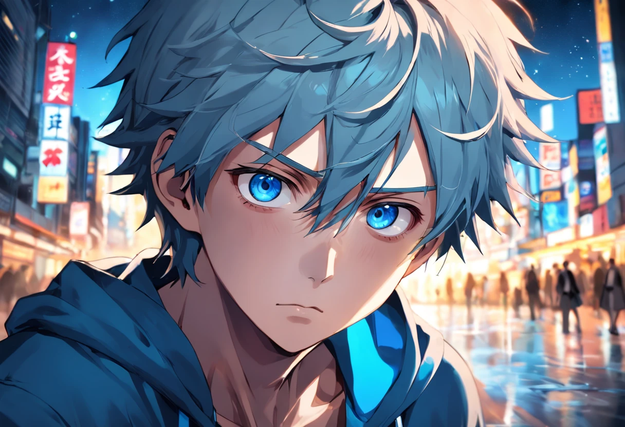 anime boy with blue eyes and a blue shirt with a bear on it, anime boy, tall anime guy with blue eyes, realistic anime artstyle, anime. soft lighting, stunning anime face portrait, beautiful anime portrait, anime style portrait, by Yuumei, realistic anime art style, semirealistic anime style, anime styled digital art, digital anime art