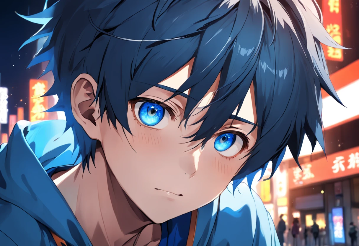 anime boy with blue eyes and a blue shirt with a bear on it, anime boy, tall anime guy with blue eyes, realistic anime artstyle, anime. soft lighting, stunning anime face portrait, beautiful anime portrait, anime style portrait, by Yuumei, realistic anime art style, semirealistic anime style, anime styled digital art, digital anime art