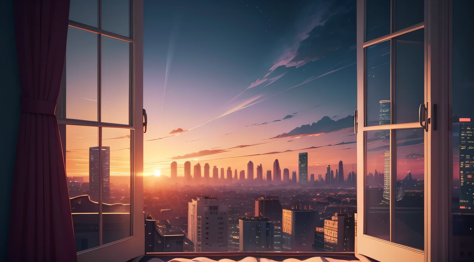 Some rooms have views of the city at night, The aesthetics of landscape wallpaper, Wallpaper Aesthetics, beautiful aesthetic art, Beautiful and aesthetic, lofi artstyle, Beautiful cityscape, lofi art, cozy wallpaper, Anime Background Art, Cityscape in the window, Gazing at the Sunset. Anime, anime aesthetic, lo-fi illustration style, city sunset, lofi aesthetic