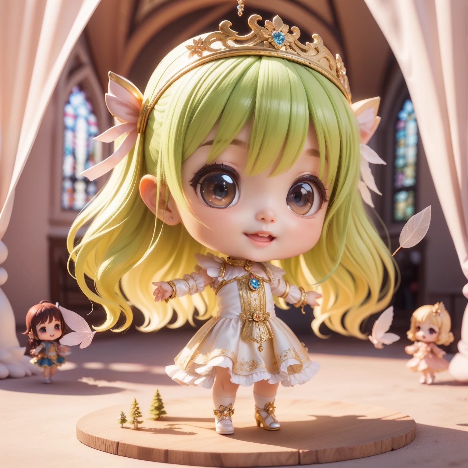 Cute Baby Chibi Anime、(((Chibi 3D))) (Best Quality), (masutepiece)、Five Little Fairies、Stained glass feathers、Holding hands and hands、Floating in the air、Smaller face、jeweled costume、Open your mouth and smile、A detailed face、fullllbody、fairy tale forest