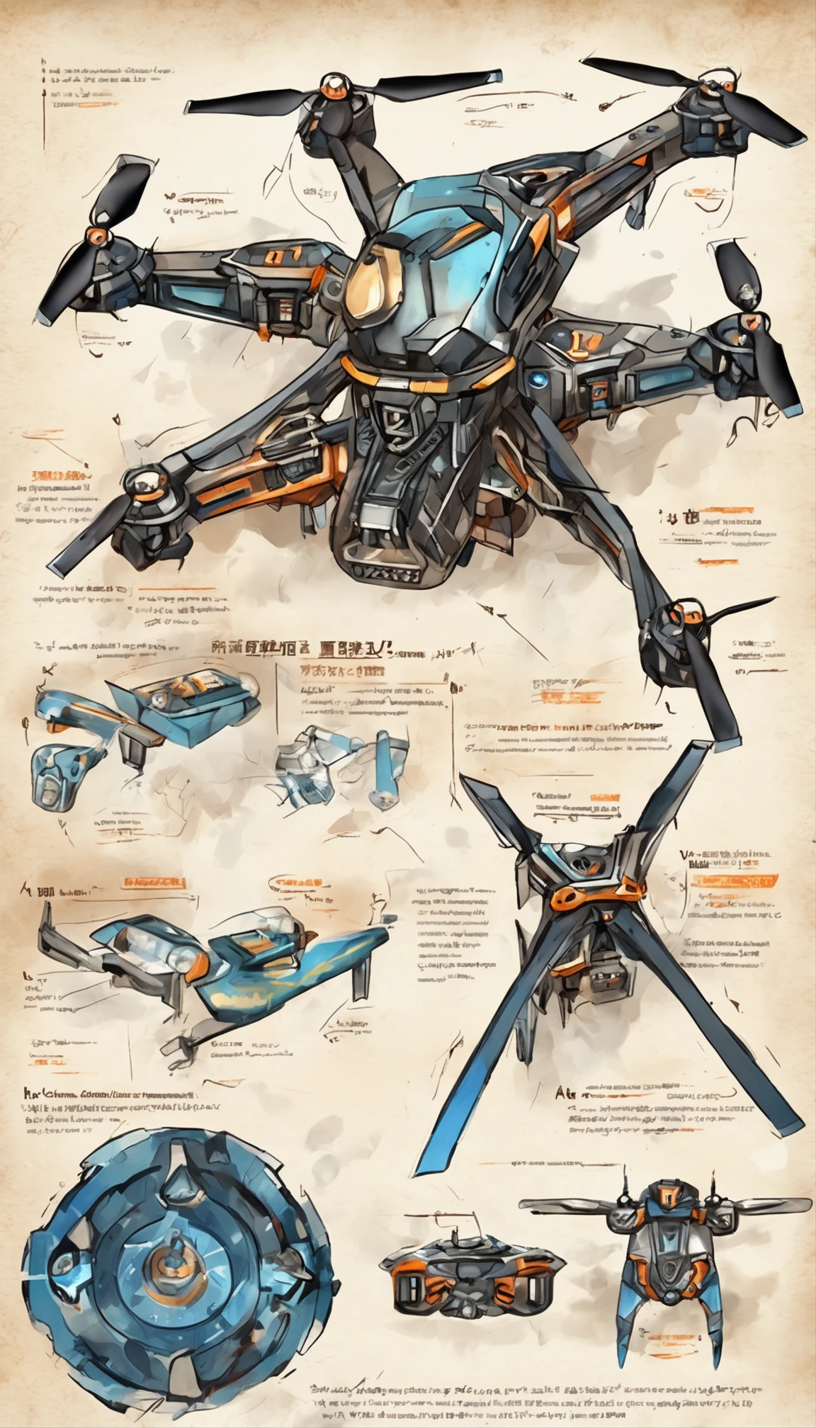 Quadcopter UAV，in mecha style，illustration，Thrilling battles，Flight stability，Unique perspective，Dynamic graphics，Full of technology，Amazing。