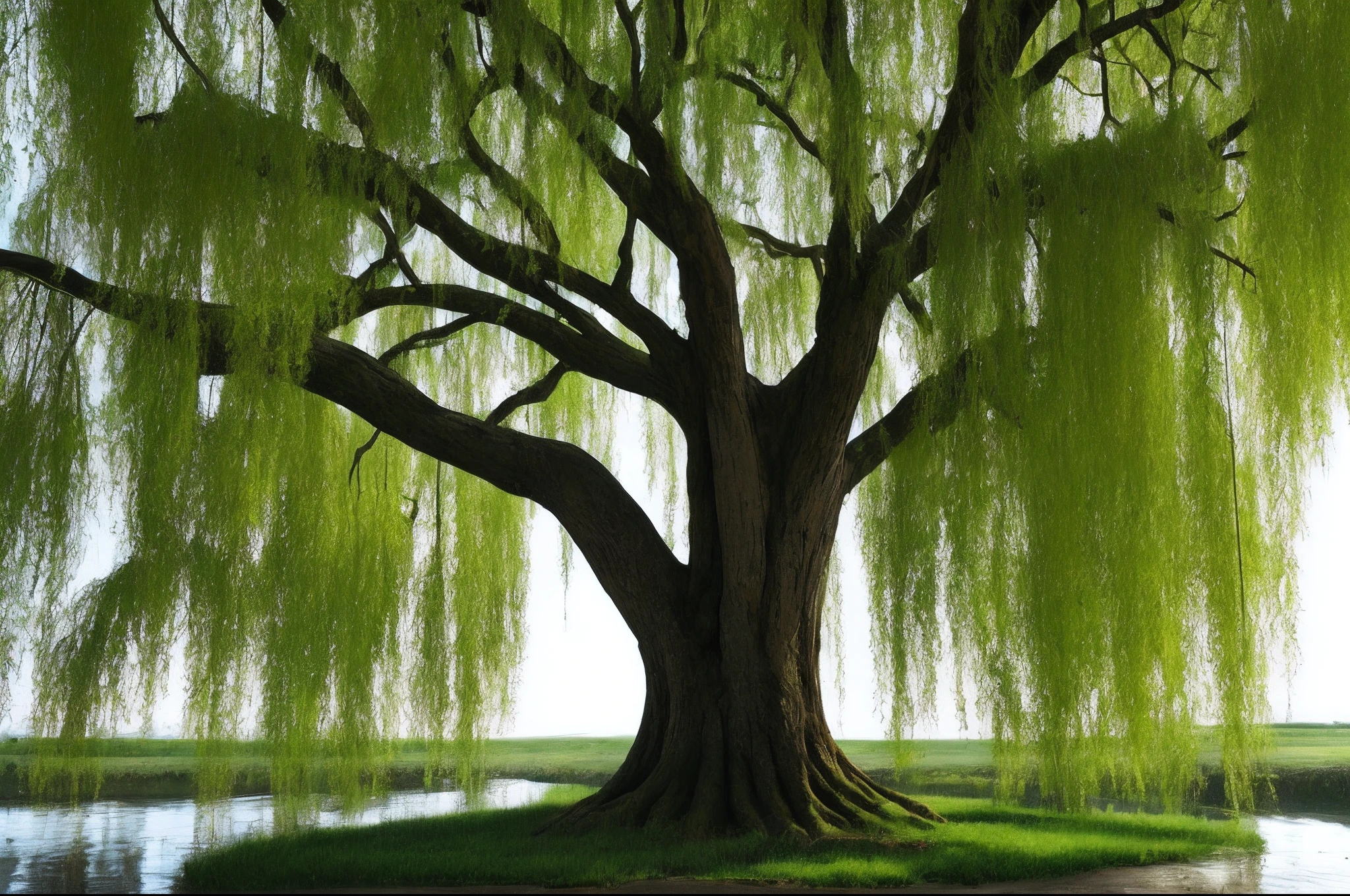 A huge willow tree, its tender green branches are incredibly green, as if they can drip water. The ends of the willow branches become extremely thin, like silk. 8K clarity, with clear details added
