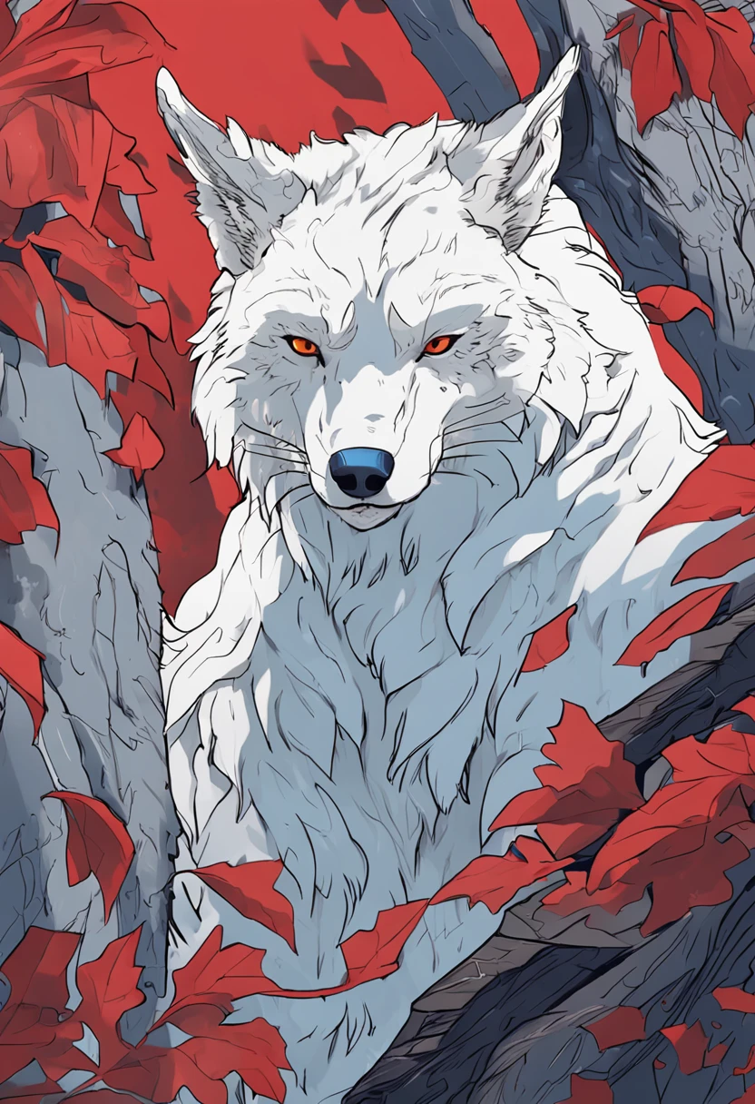 solo person,Furry,werecreature,Male white wolf,Blue fur,Blue tail,White ears,Blood-red eyes,Red collar,musculature,male people,Handsome,(The furry feeling of animal ears),with gun,commando,rifles,cyber punk perssonage,Tech goggles,Maple leaves fall,autumnal